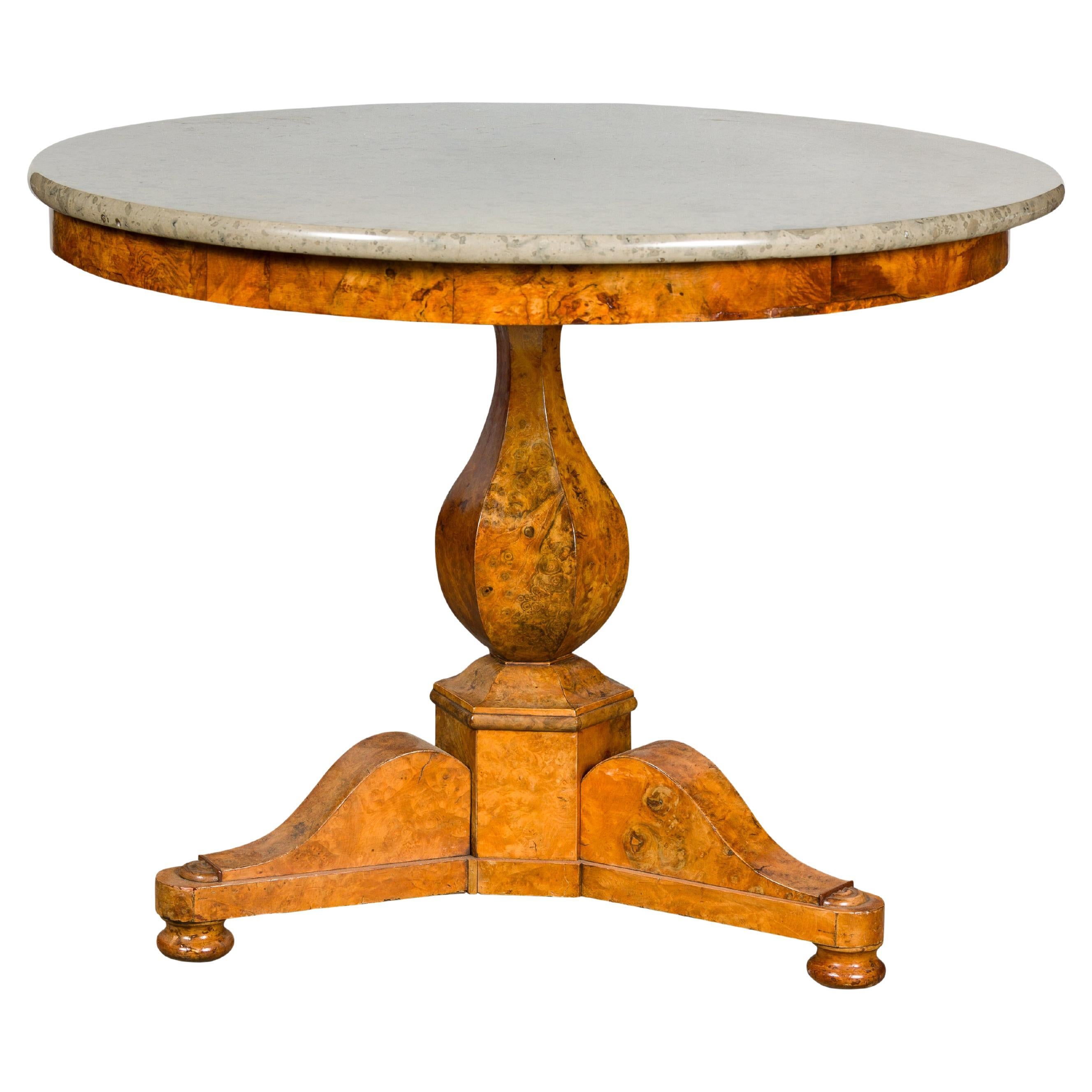 French Empire Walnut Pedestal Table with Round Marble Top and Tripod Base For Sale