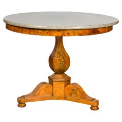 French Empire Walnut Pedestal Table with Round Marble Top and Tripod Base
