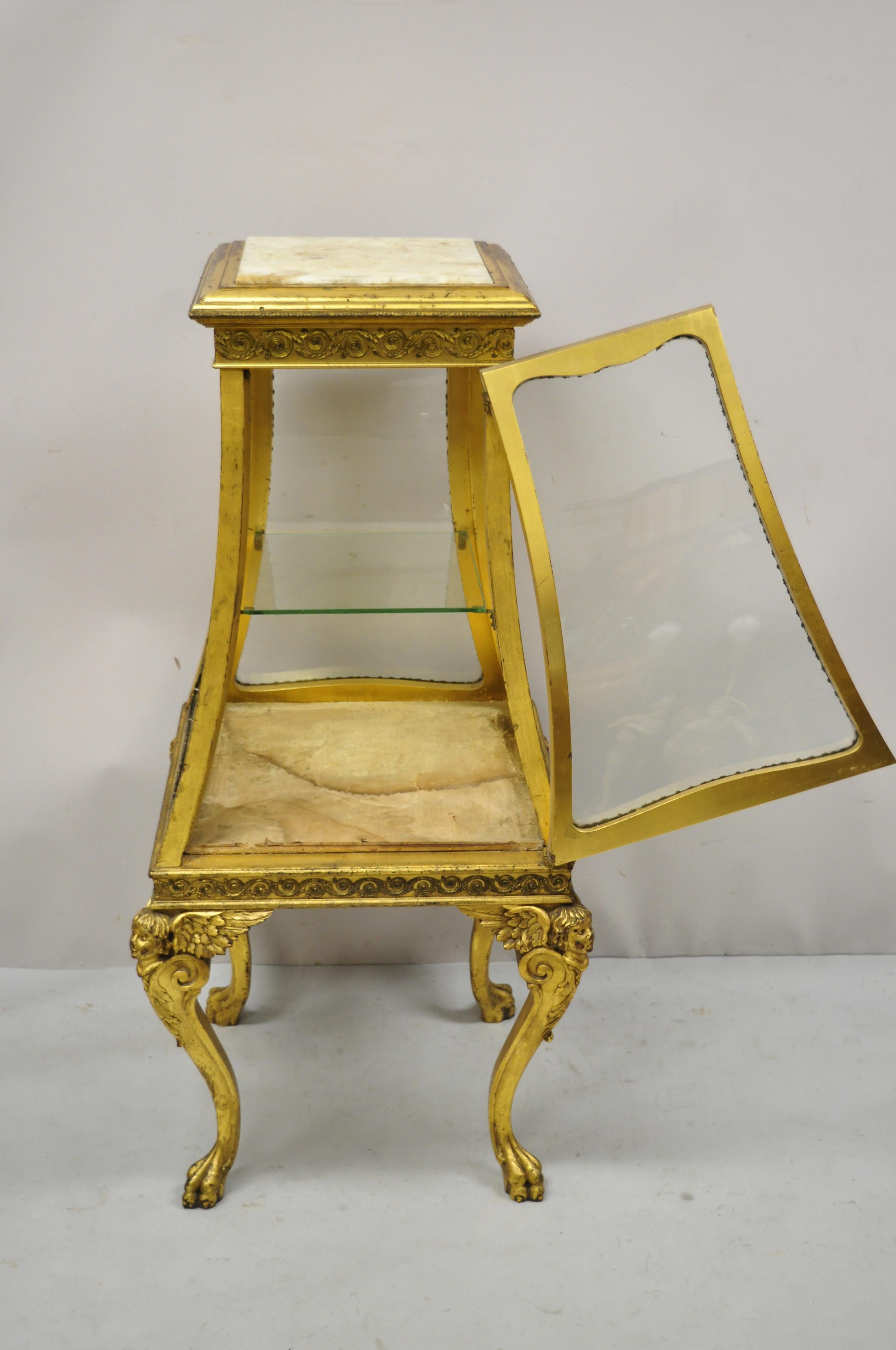 French Empire Wing Cherub Gold Gilt Vitrine Curio Display Cabinet Onyx Pedestal For Sale 1