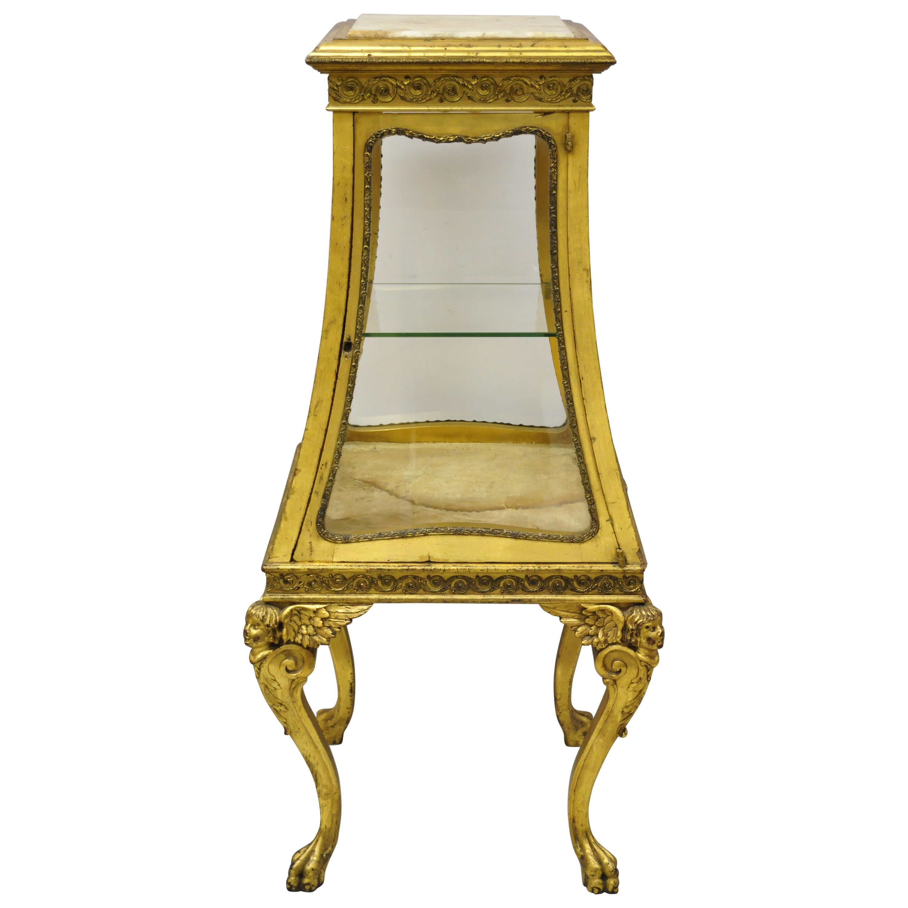 French Empire Wing Cherub Gold Gilt Vitrine Curio Display Cabinet Onyx Pedestal For Sale