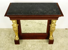 French Empire Wood Mirror Front Gold Lion Storage Bar Black Marble Top