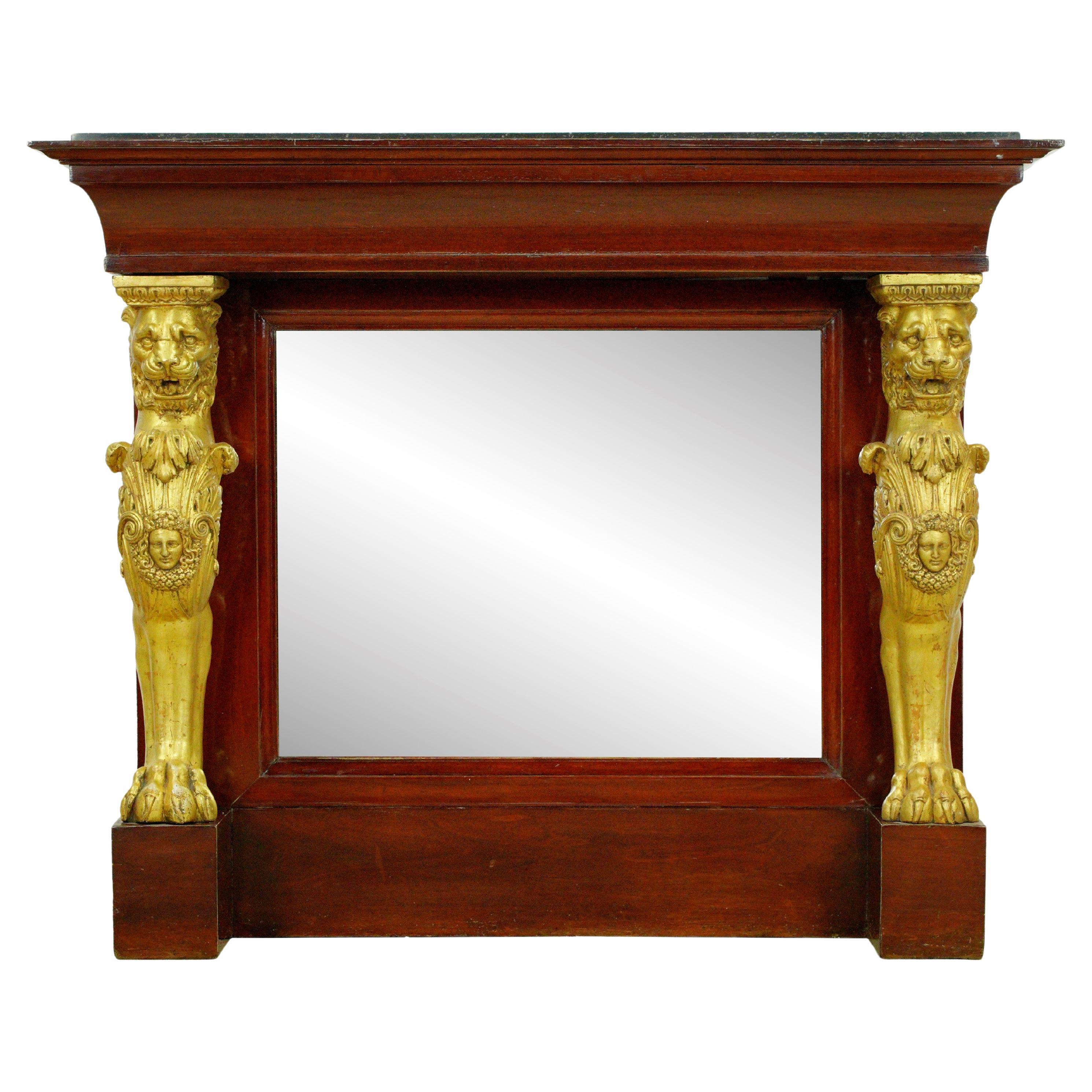 Barre de rangement Empire en bois avec miroir et lion doré Dessus en marbre noir en vente