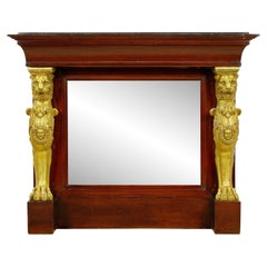 Barre de rangement Empire en bois avec miroir et lion doré Dessus en marbre noir