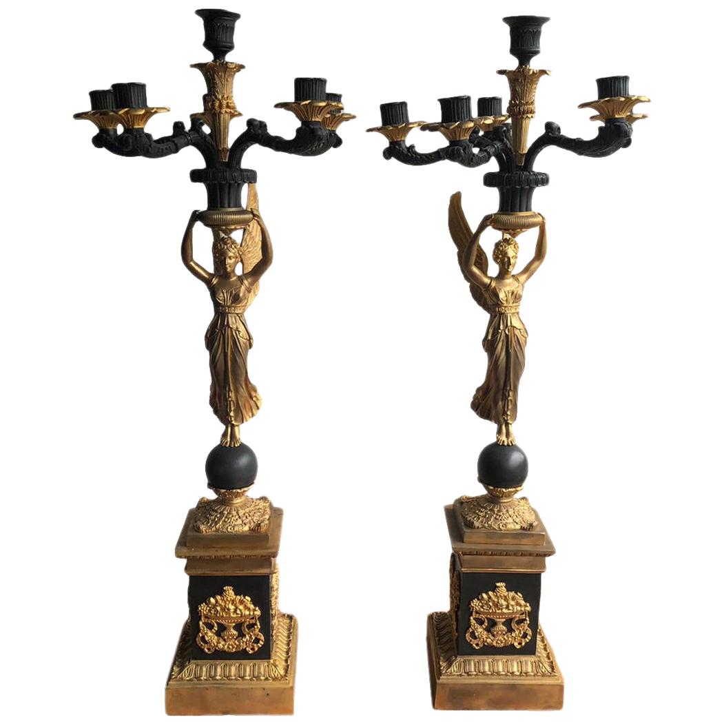 French Empires 19th Century Style Gilt Bronze Angel Winged Candelabras