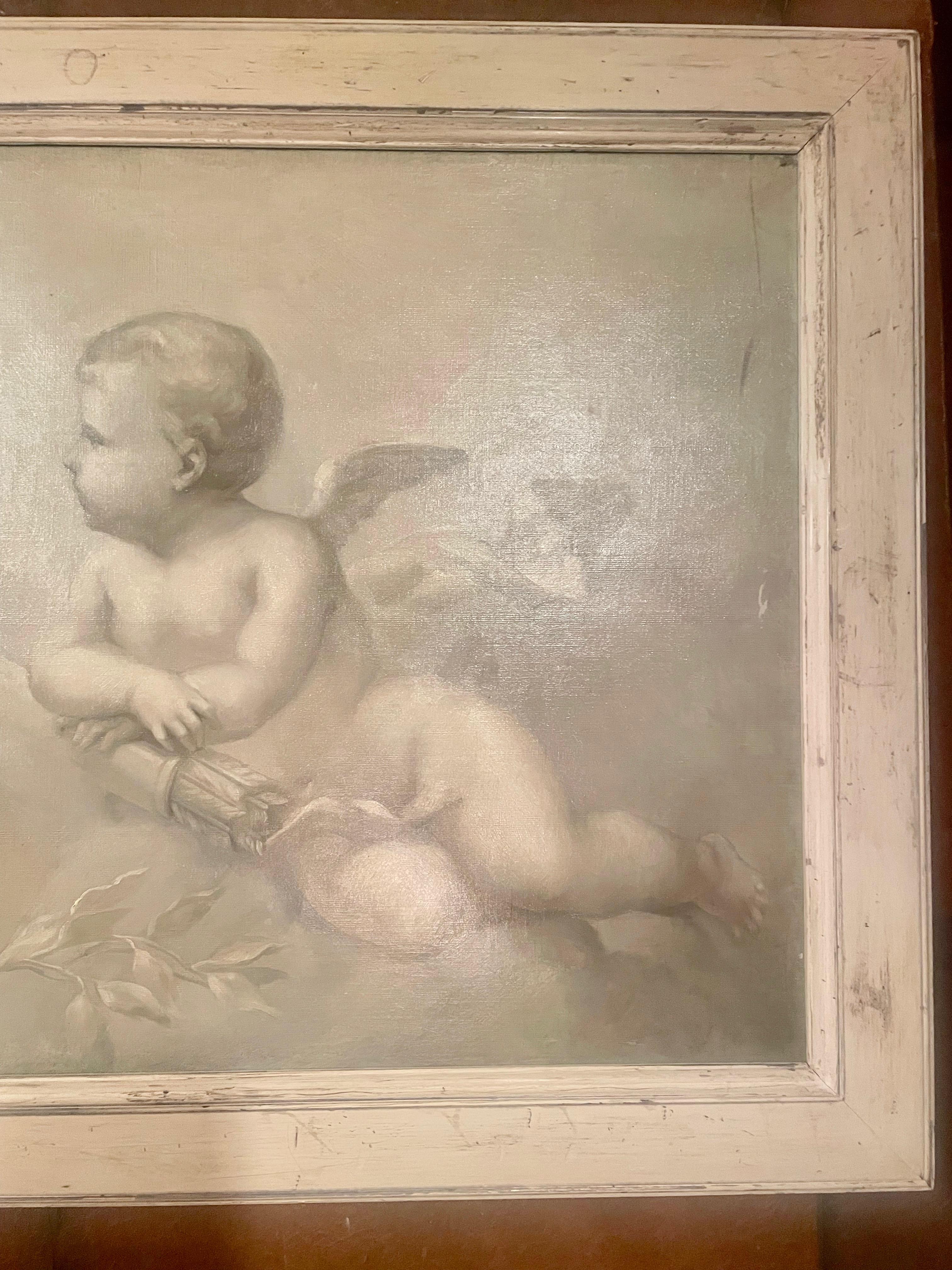 A large rectangular oil on canvas depicting four cherubs, seemingly perched amongst clouds. The work has been done 'En grisaille' - in a painting style in shades of grey and white to highlight the contrasting light, and give the impression of depth.