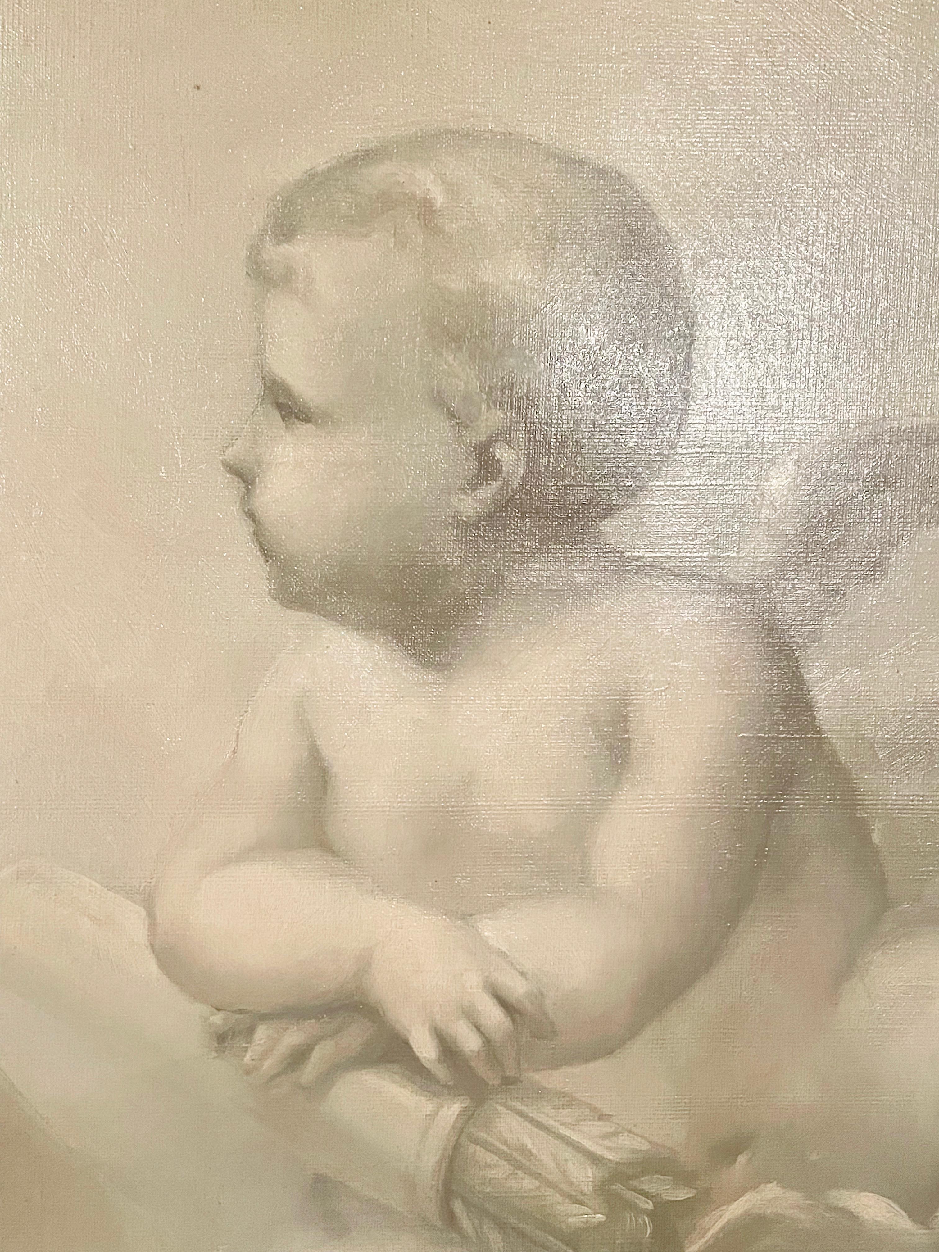 French En Grisaille Oil on Canvas of Cherubs, 19th Century In Good Condition For Sale In London, GB