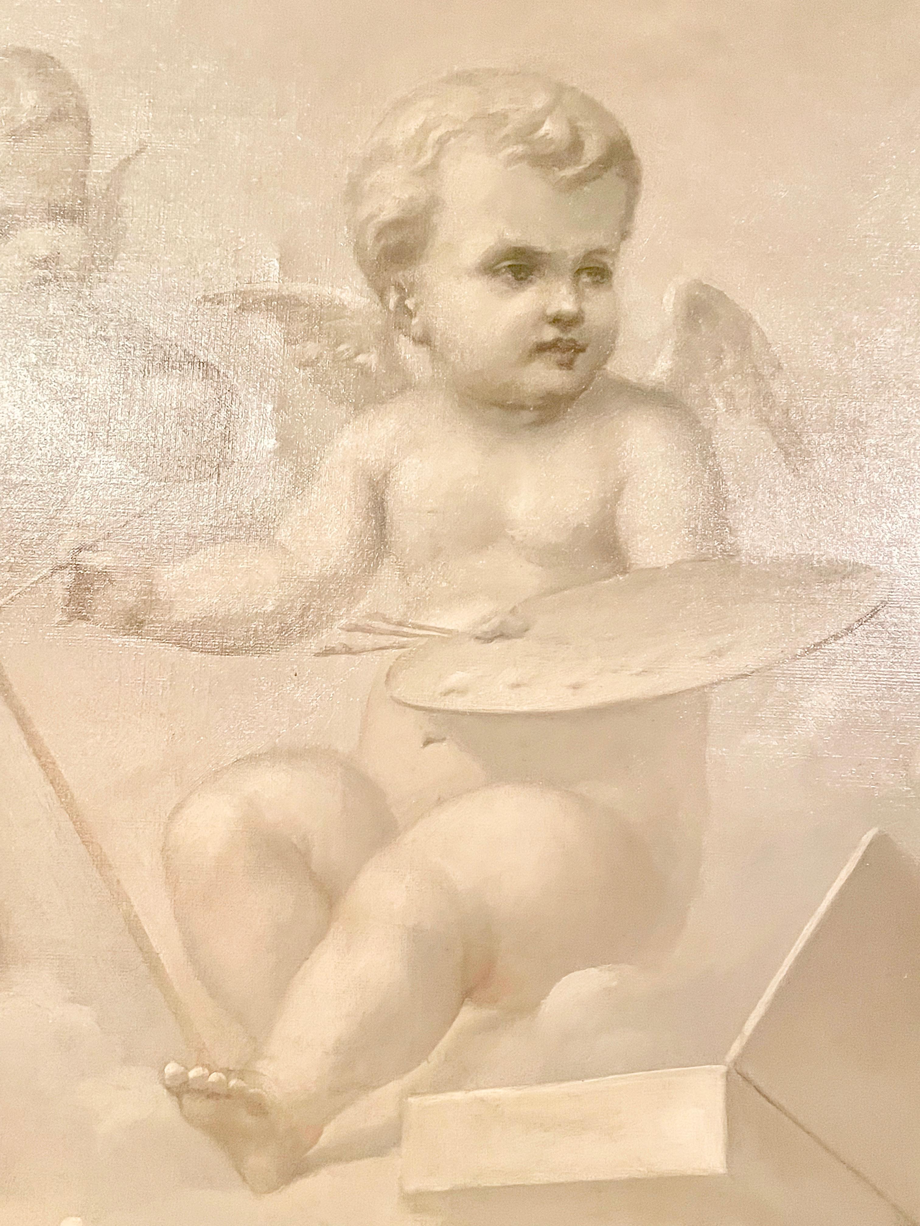 French En Grisaille Oil on Canvas of Cherubs, 19th Century For Sale 1