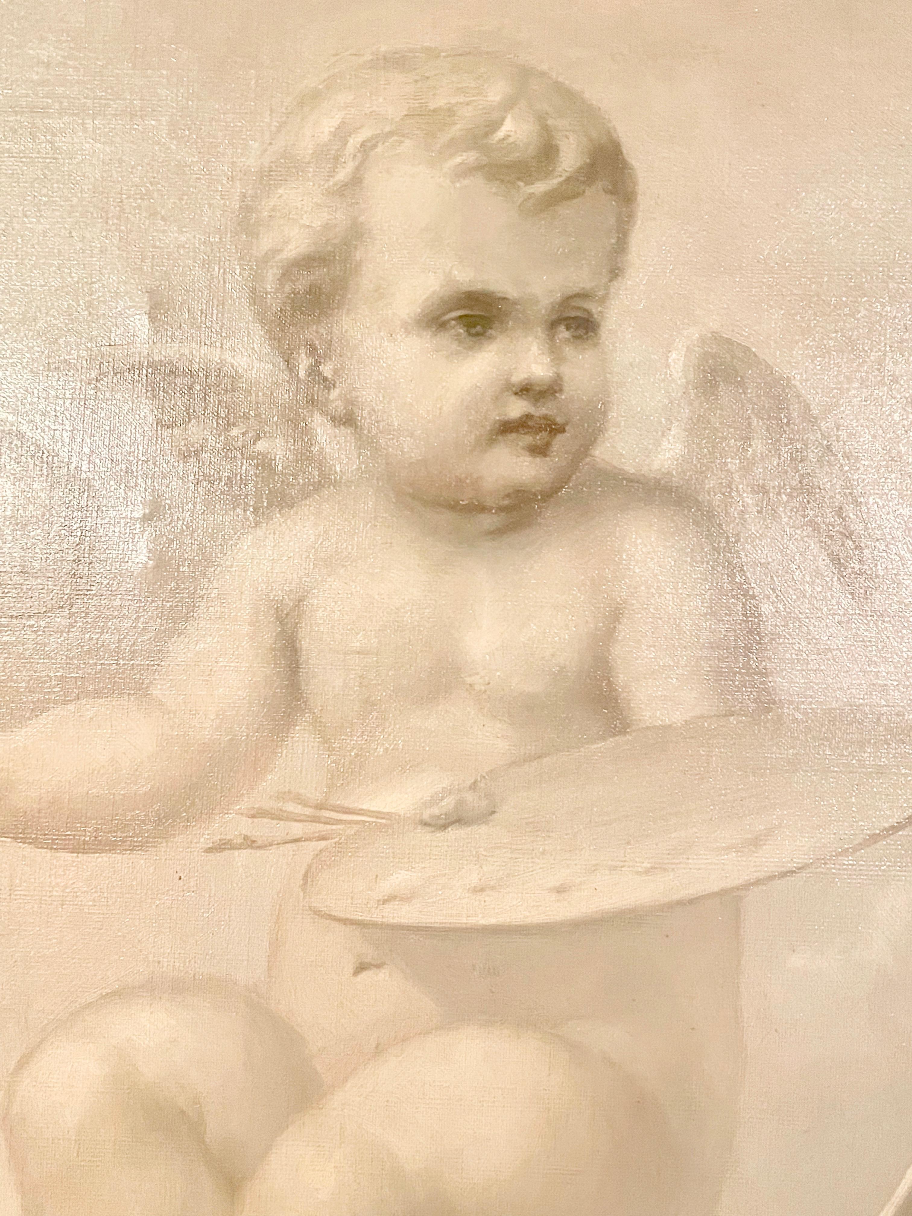 French En Grisaille Oil on Canvas of Cherubs, 19th Century For Sale 2