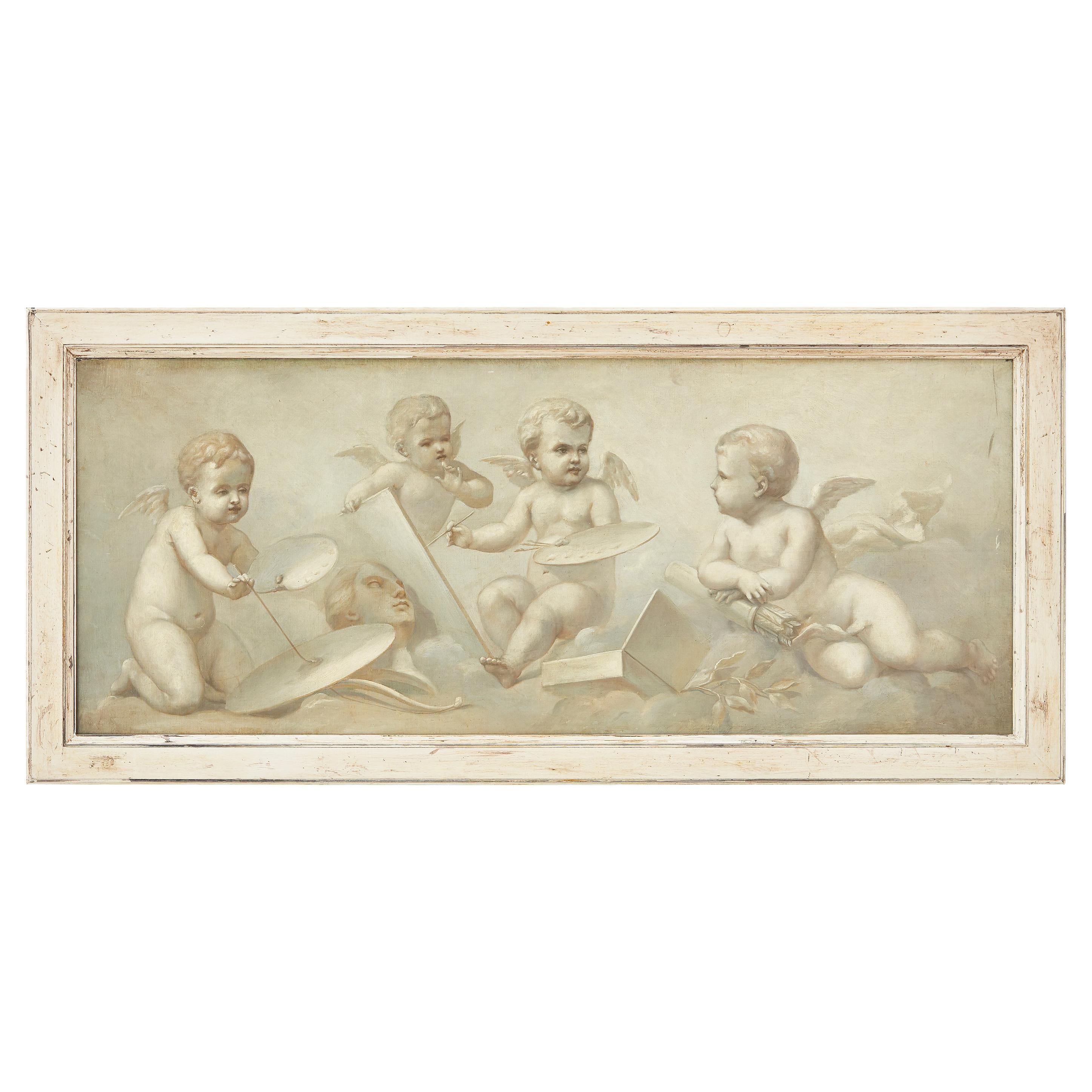 French En Grisaille Oil on Canvas of Cherubs, 19th Century For Sale