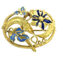 French, Enamel 18 Karat Gold Floral-Leaf Pin, circa 1800s