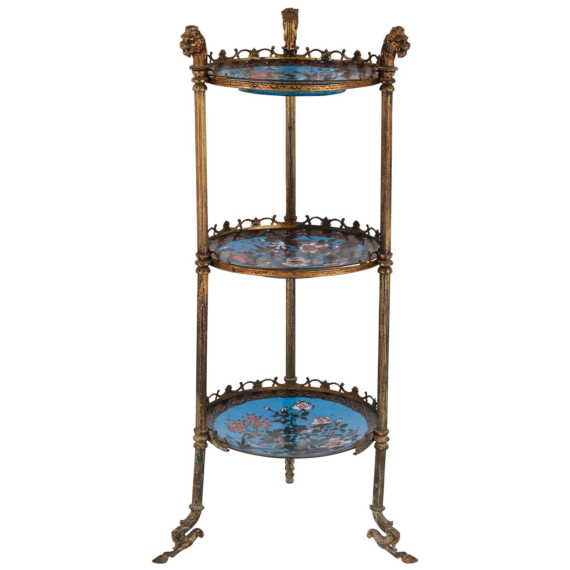 French Enamel and Gilt Metal ThreeShelf Tiered Table For Sale at 1stdibs