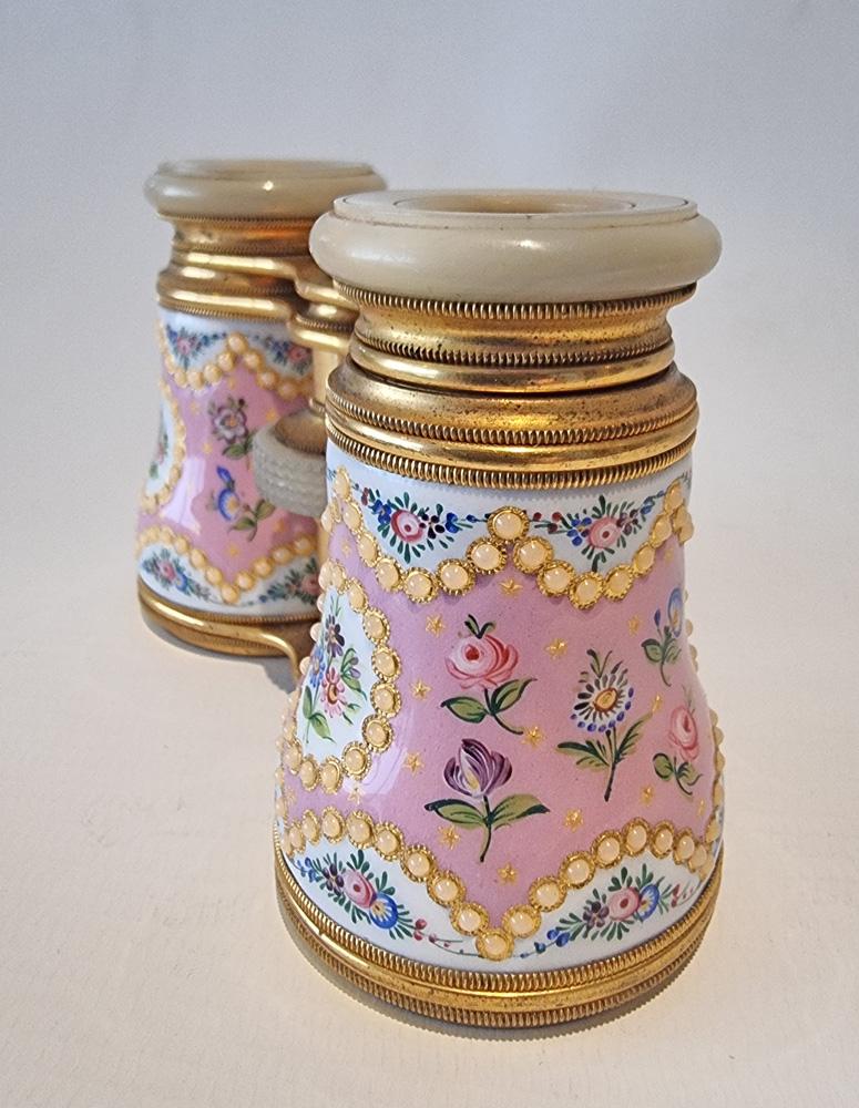 Late 19th Century French enamel, brass and mother of pearl Opera Glasses For Sale