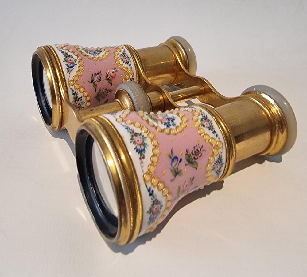 Brass French enamel, brass and mother of pearl Opera Glasses For Sale