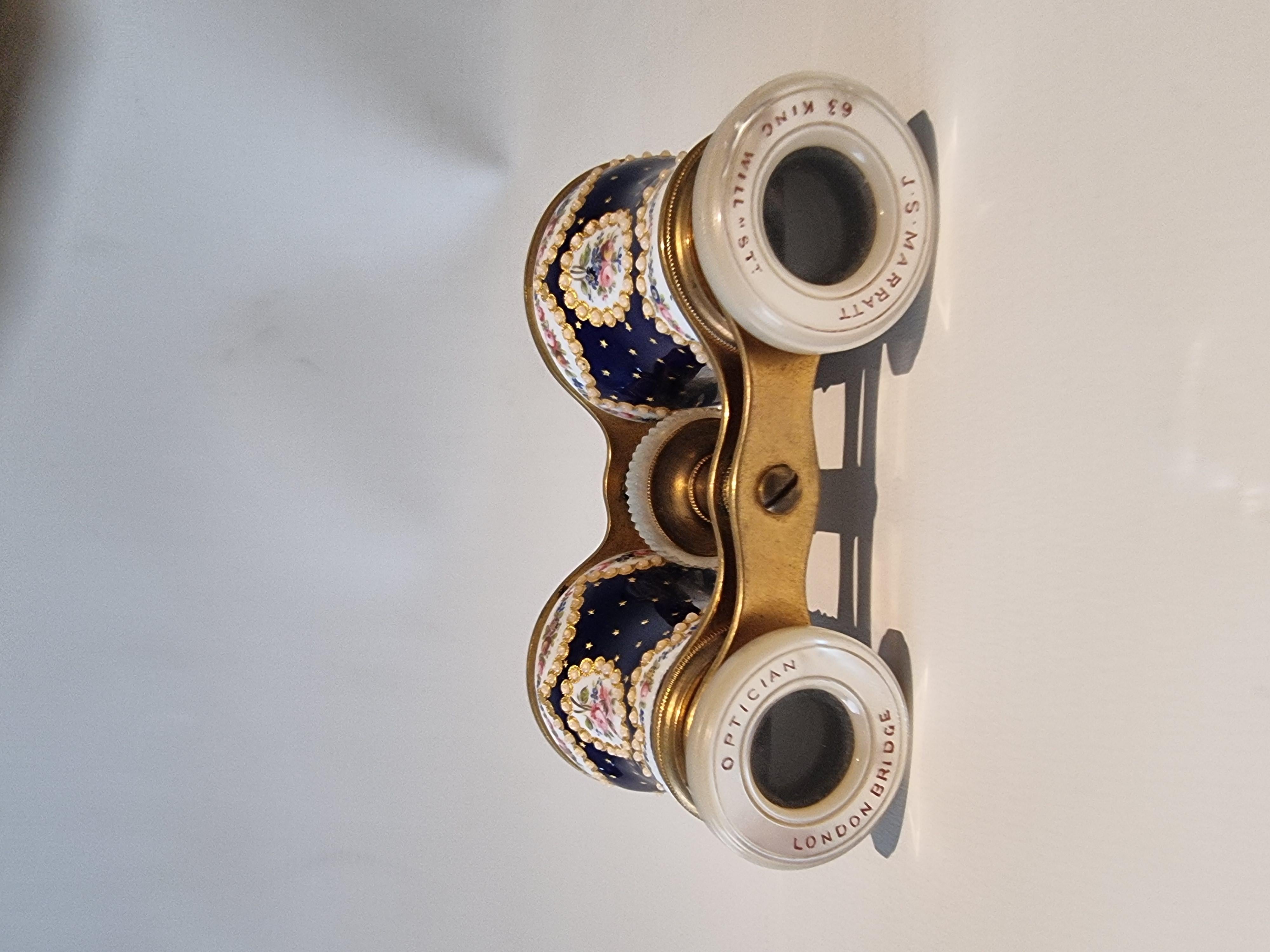 Brass French enamel, brass and mother of pearl Opera Glasses