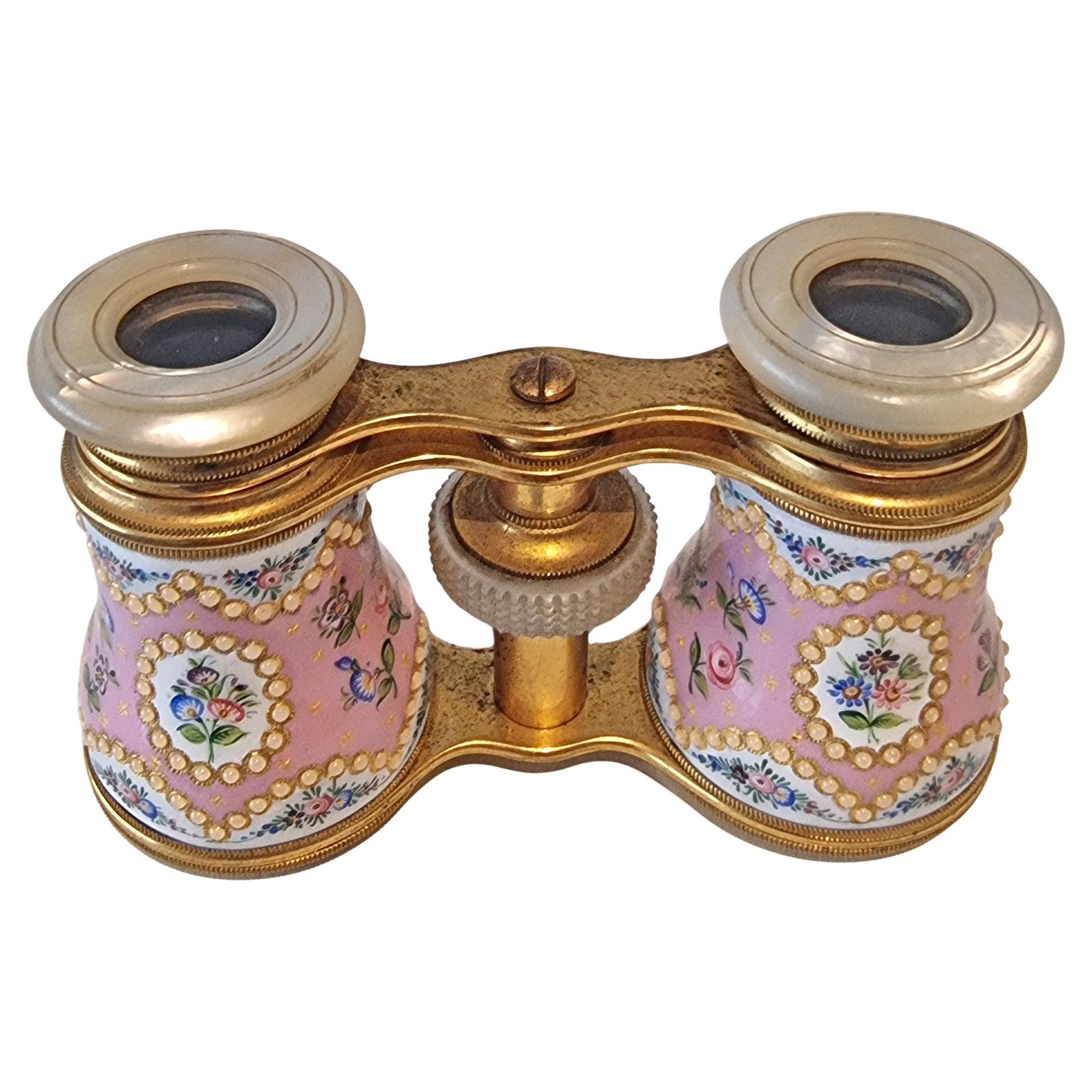 French enamel, brass and mother of pearl Opera Glasses