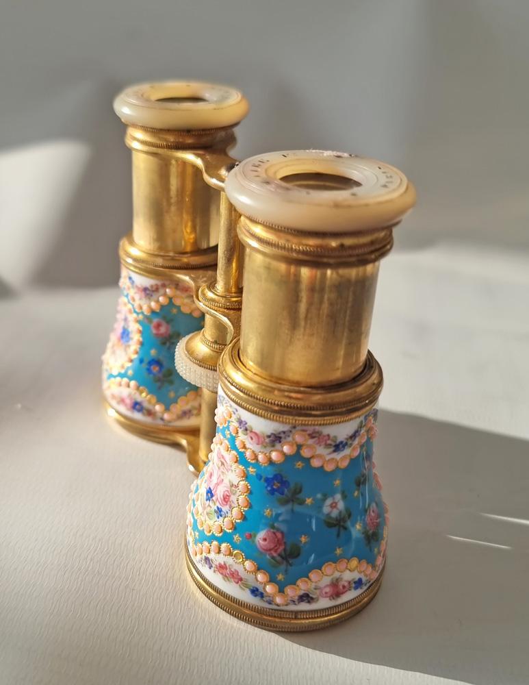 A fine pair of French enamel, brass and mother of pearl opera glasses, signed 'Le Maire Paris' in its original fitted leather case, with gold trim. The enamel cylinders, painted with sprays of flowers in colors on a blue ground.