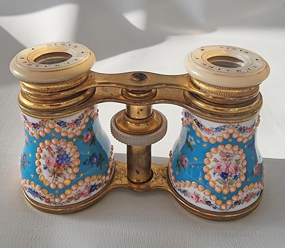 Late 19th Century French Enamel, Brass and Mother of Pearl Opera Glasses in Original Case