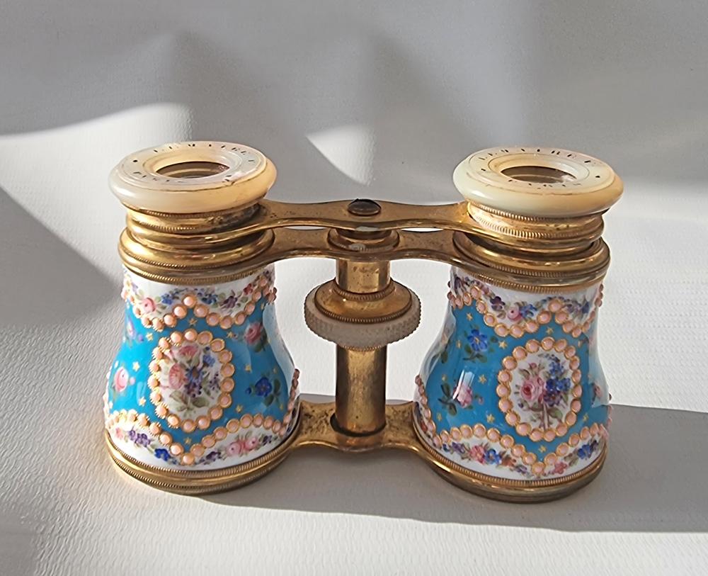 French Enamel, Brass and Mother of Pearl Opera Glasses in Original Case 1
