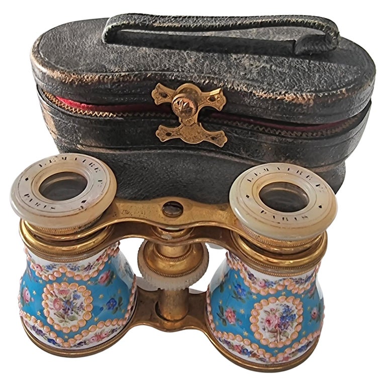 French enamel, brass and mother of pearl Opera Glasses in original case