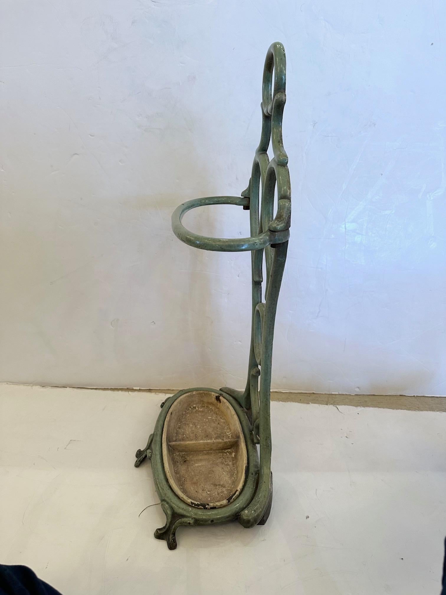 Early 20th Century French Enamel Celedon Green Iron Umbrella Stand For Sale