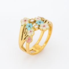 French Enamel Flower Ring Diamond Vintage 18k Yellow Gold Band Jewelry
