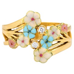 French Enamel Flower Ring Diamond Vintage 18k Yellow Gold Band Jewelry