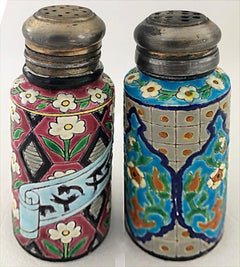 French Enamel Jules Vieillard Bordeaux Faïence Salt Pepper Shakers, c1925 Pair