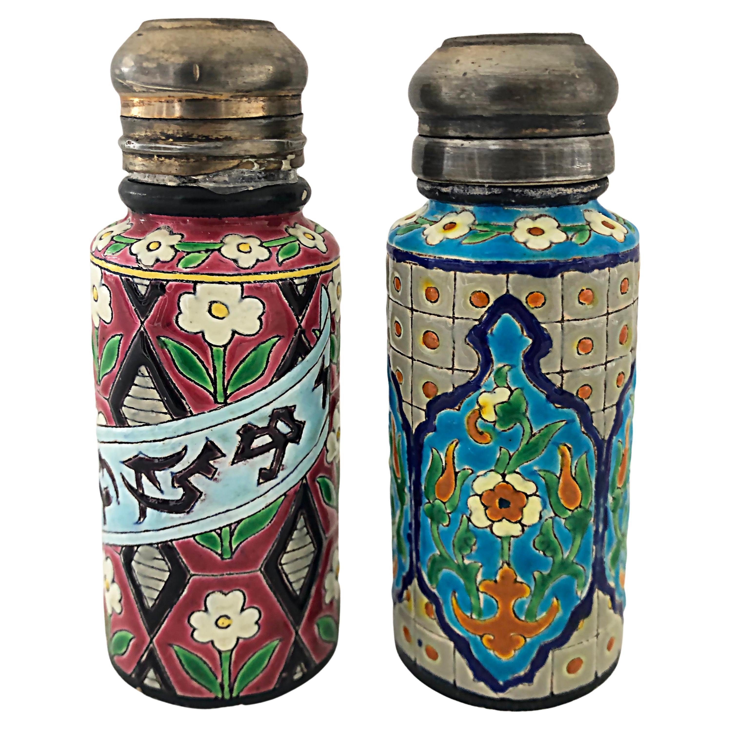 French Enamel Jules Vieillard Bordeaux Faïence Salt Pepper Shakers, c1925 Pair