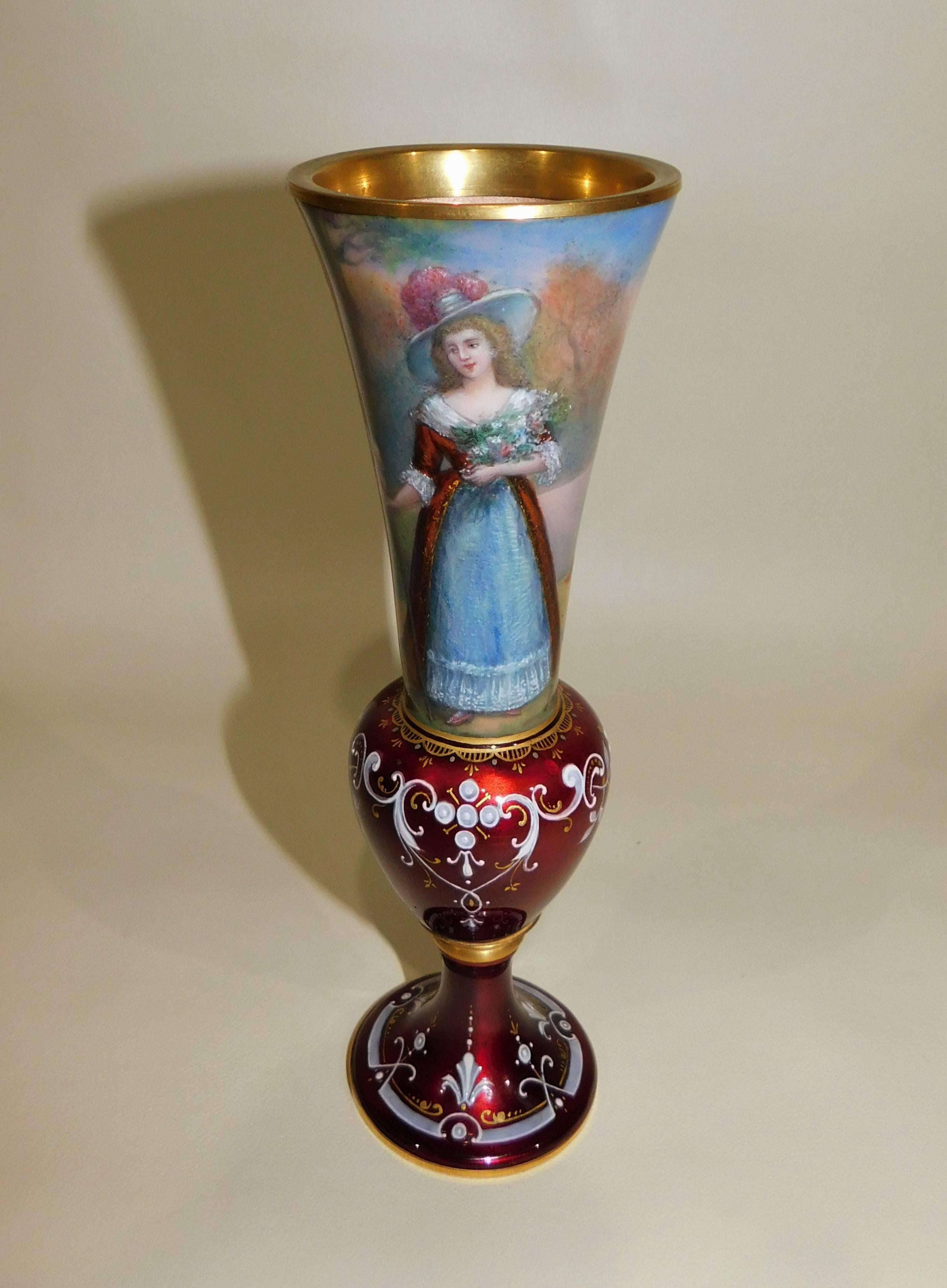 Beautiful antique made in France, enamel on copper portrait vase.