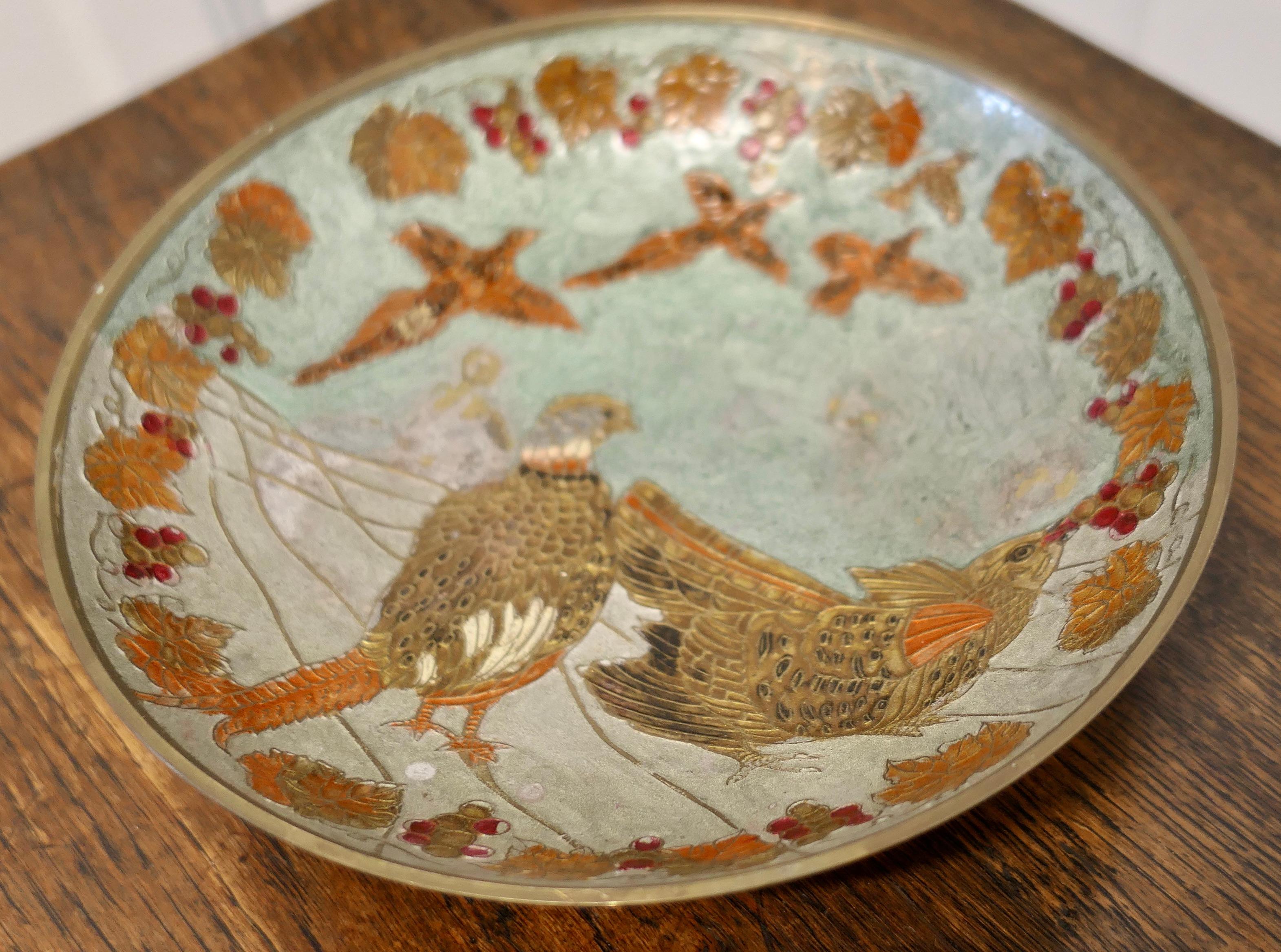 Country French Enamel Pheasants on Brass Bowl For Sale