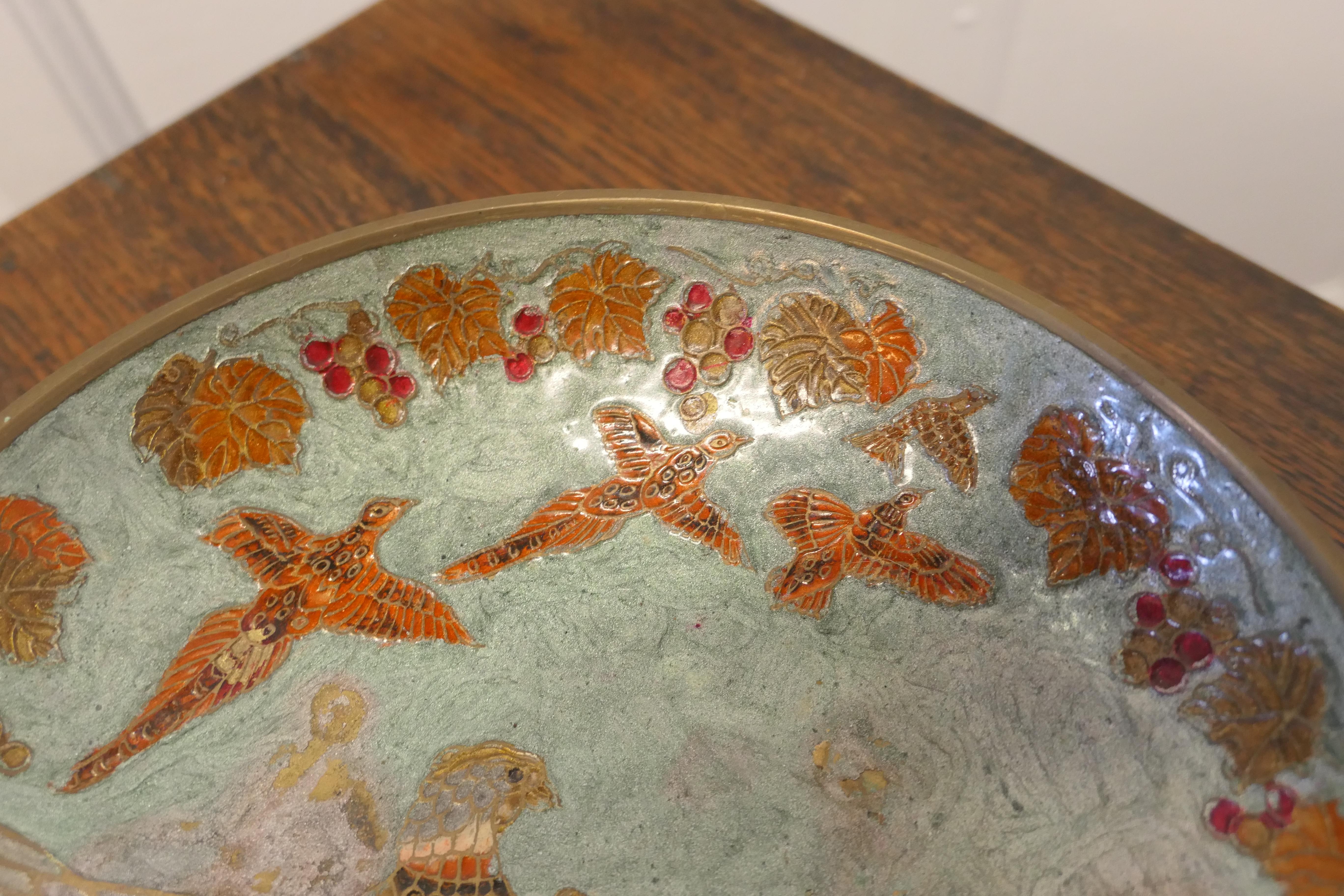 French Enamel Pheasants on Brass Bowl In Fair Condition For Sale In Chillerton, Isle of Wight