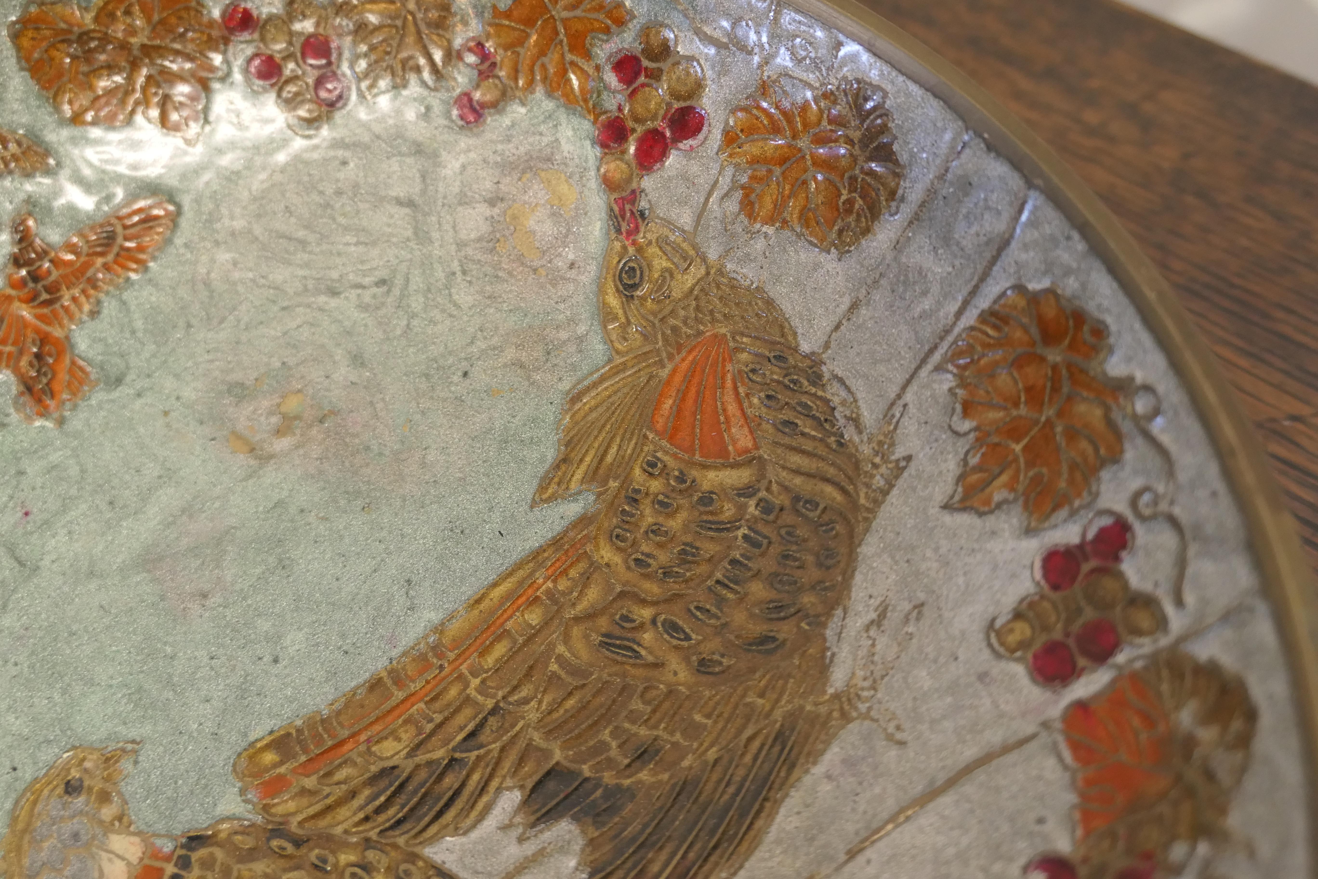 20th Century French Enamel Pheasants on Brass Bowl For Sale