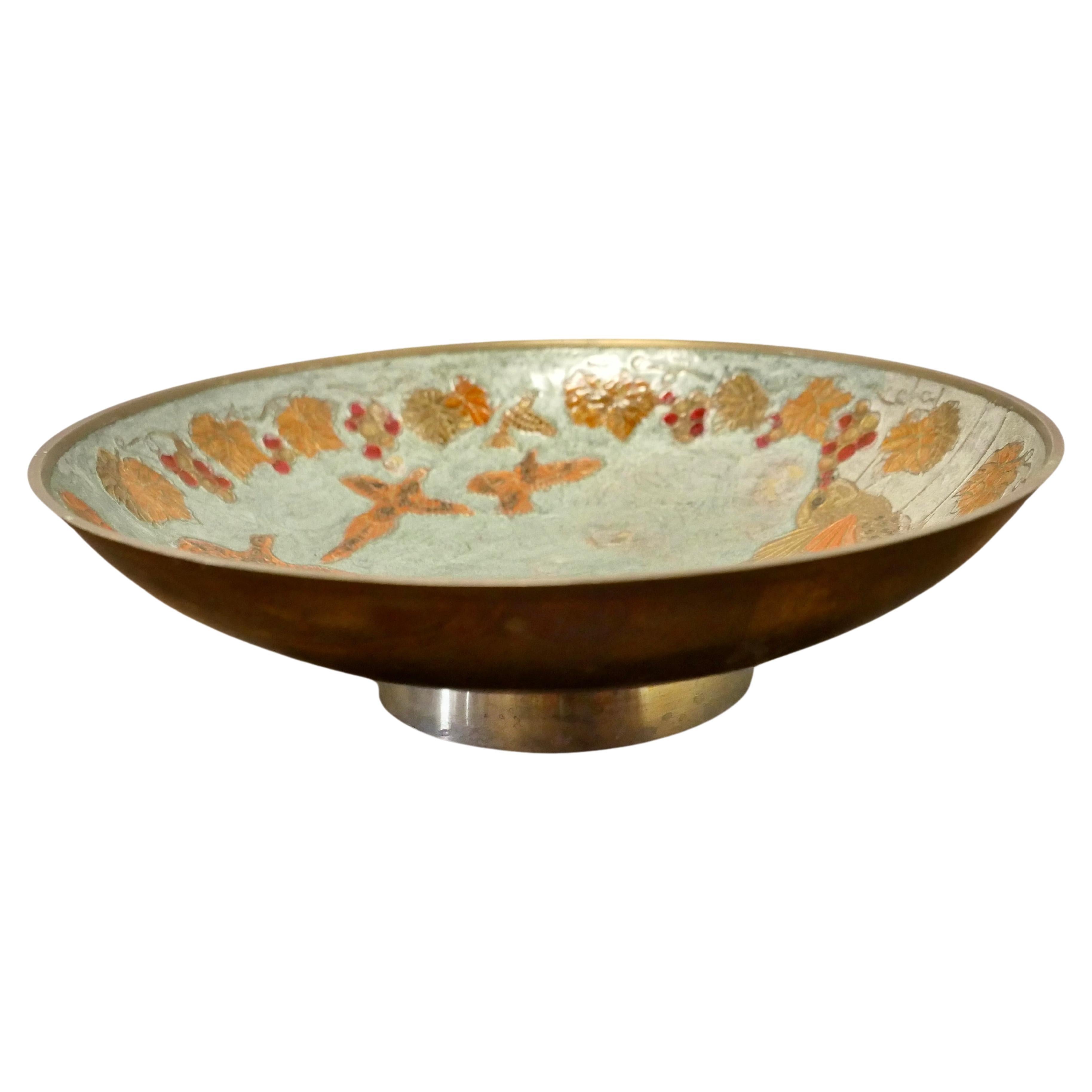 French Enamel Pheasants on Brass Bowl