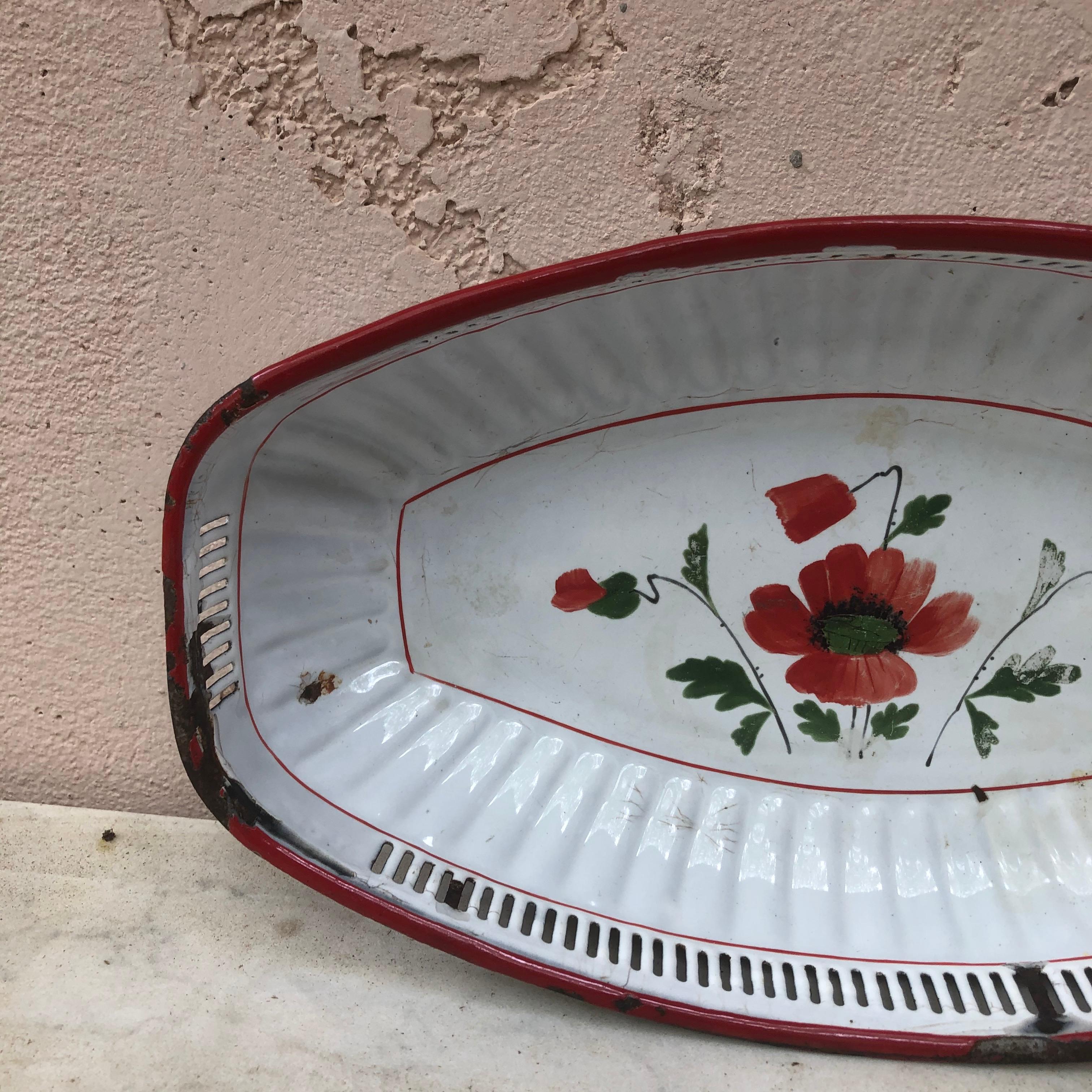 Rustic French Enamel Reticulated Corn Poppy Basket For Sale