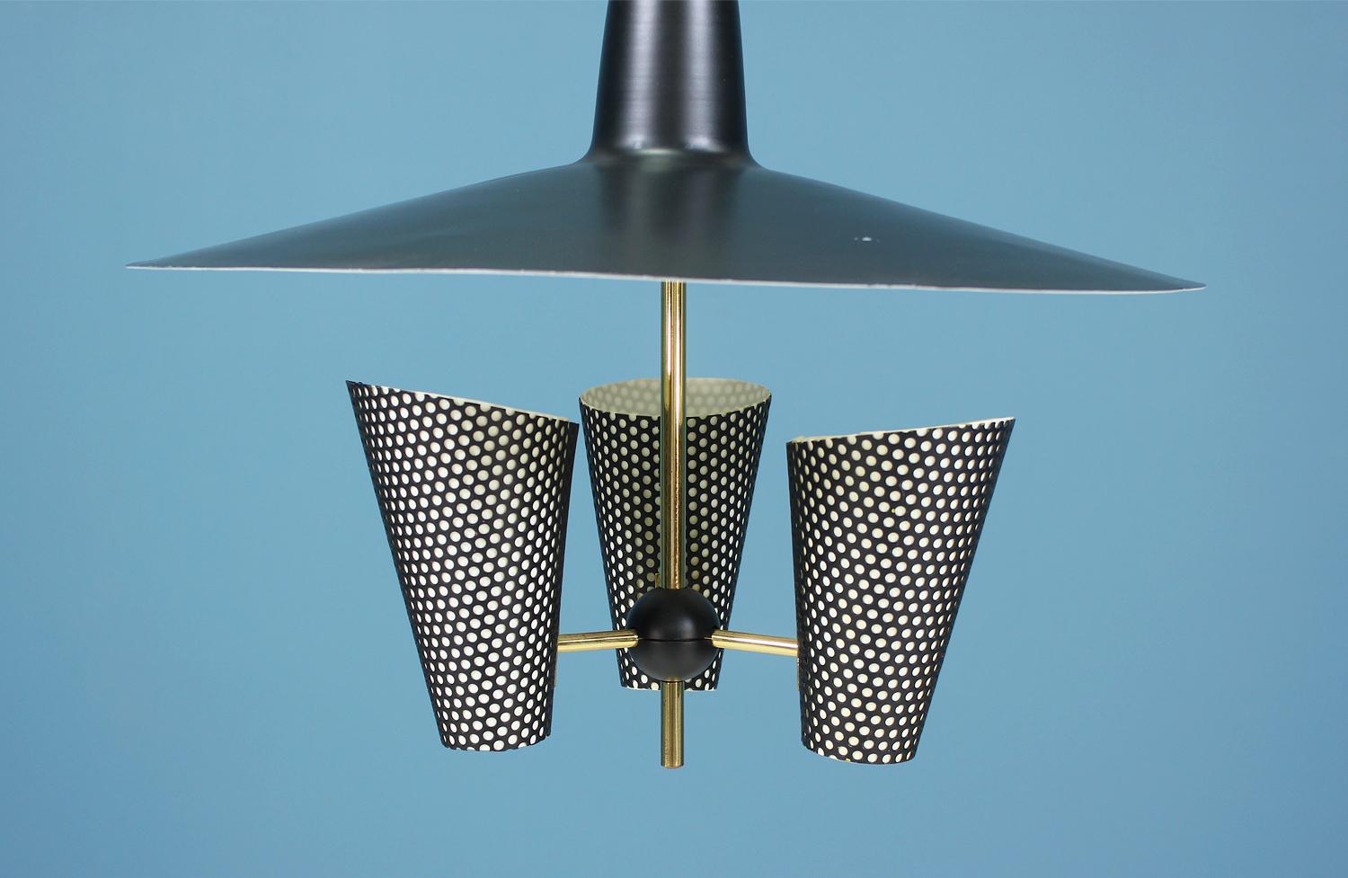 Mid-Century Modern French Enameled Aluminum and Brass Ceiling Light by Jacques Biny
