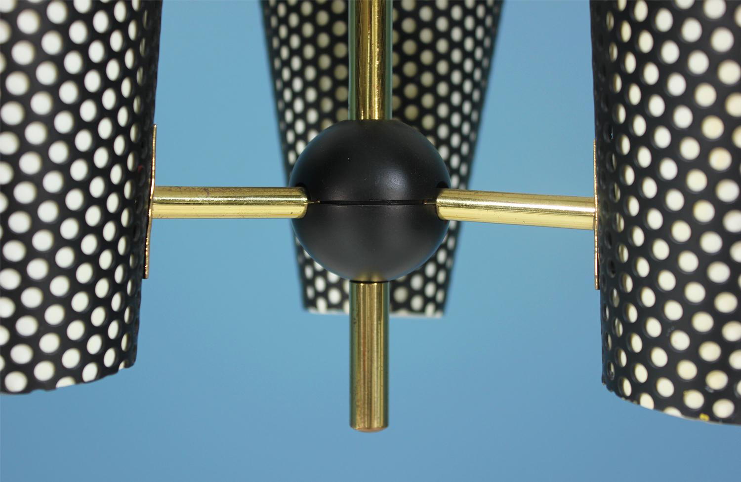 French Enameled Aluminum and Brass Ceiling Light by Jacques Biny In Excellent Condition In Los Angeles, CA