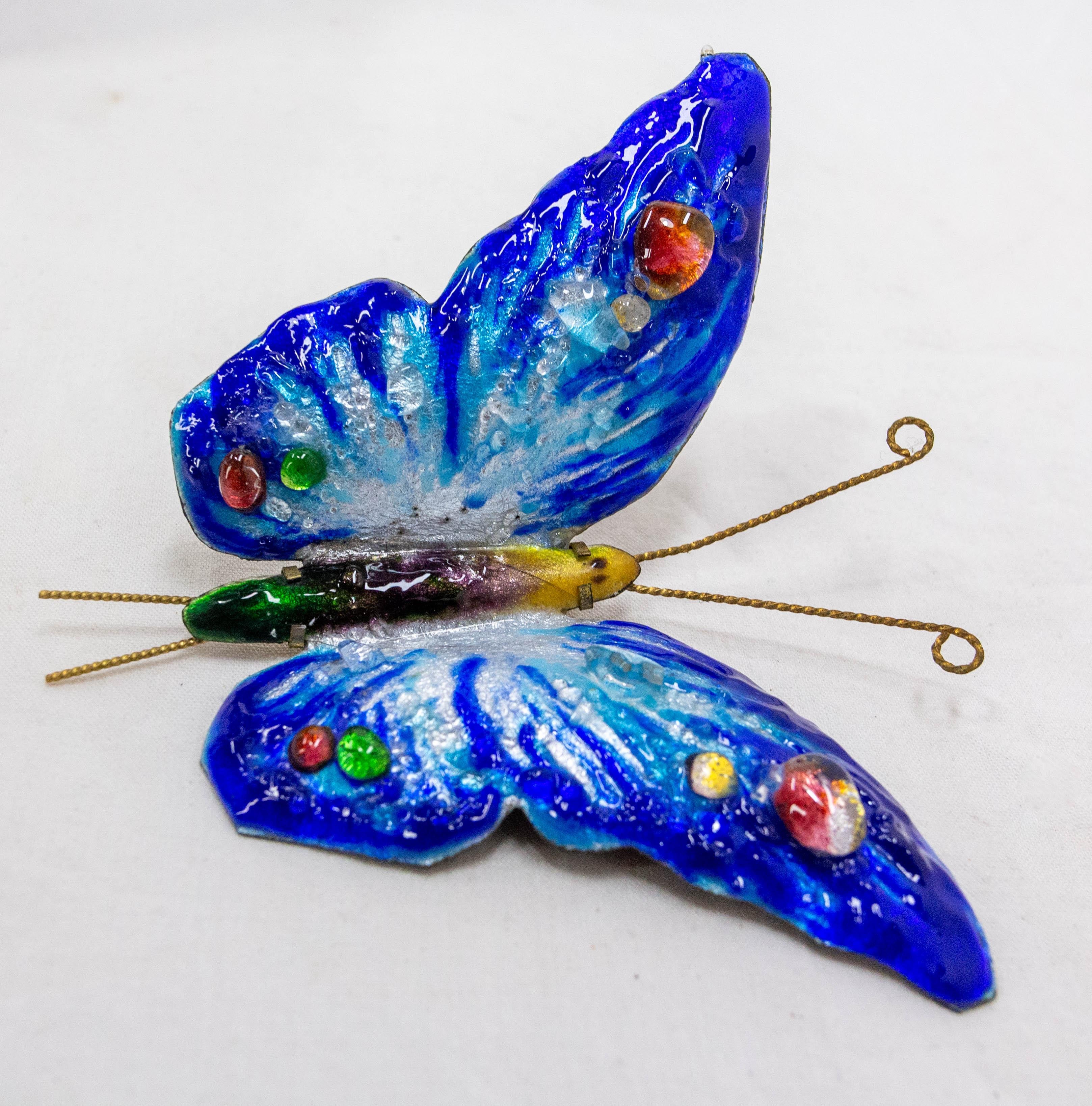 Französisch emailliert Kupfer blau Schmetterling Wanddekoration farbigen Glas Mitte des Jahrhunderts (Moderne der Mitte des Jahrhunderts) im Angebot