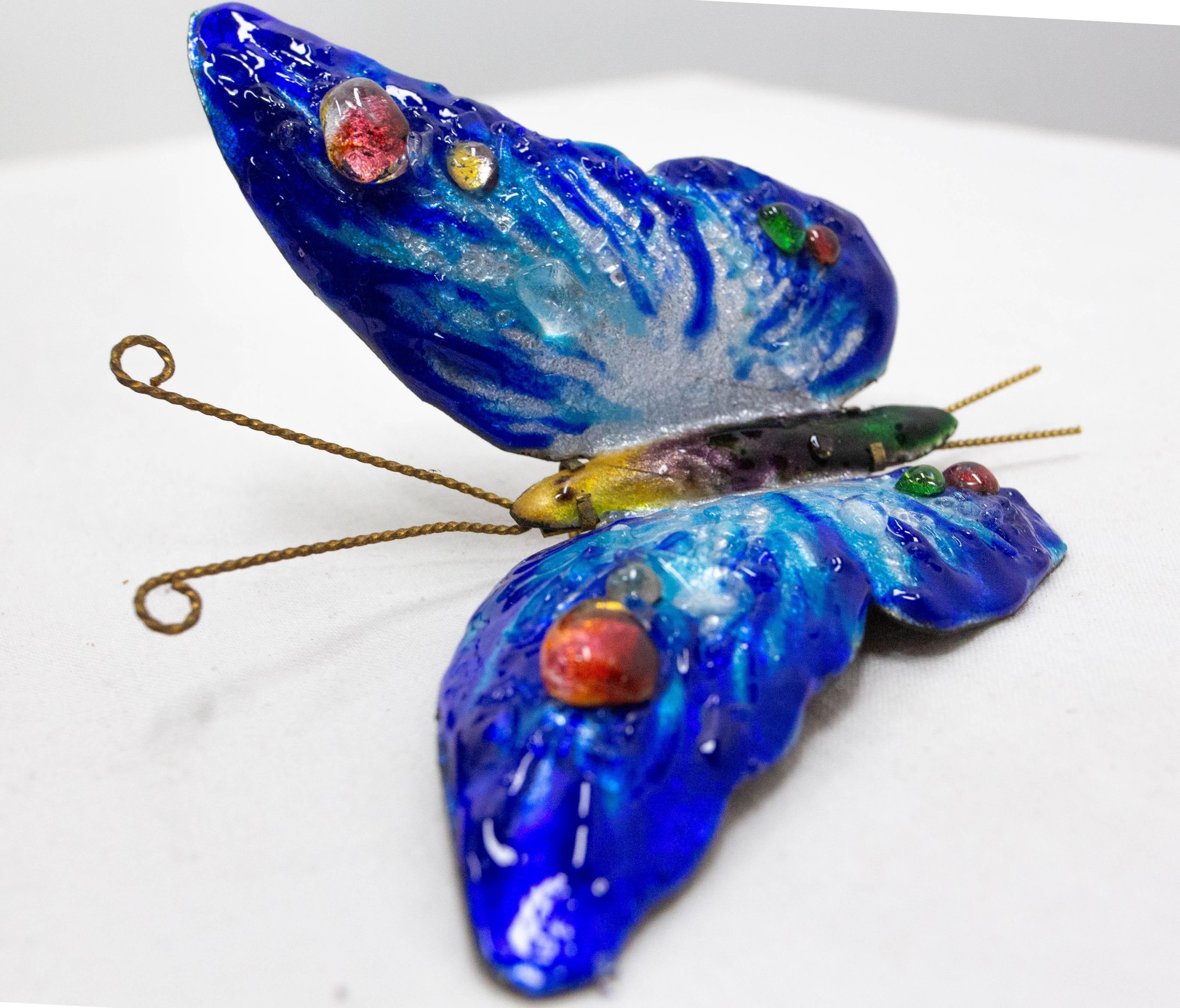 Französisch emailliert Kupfer blau Schmetterling Wanddekoration farbigen Glas Mitte des Jahrhunderts (Marokkanisch) im Angebot