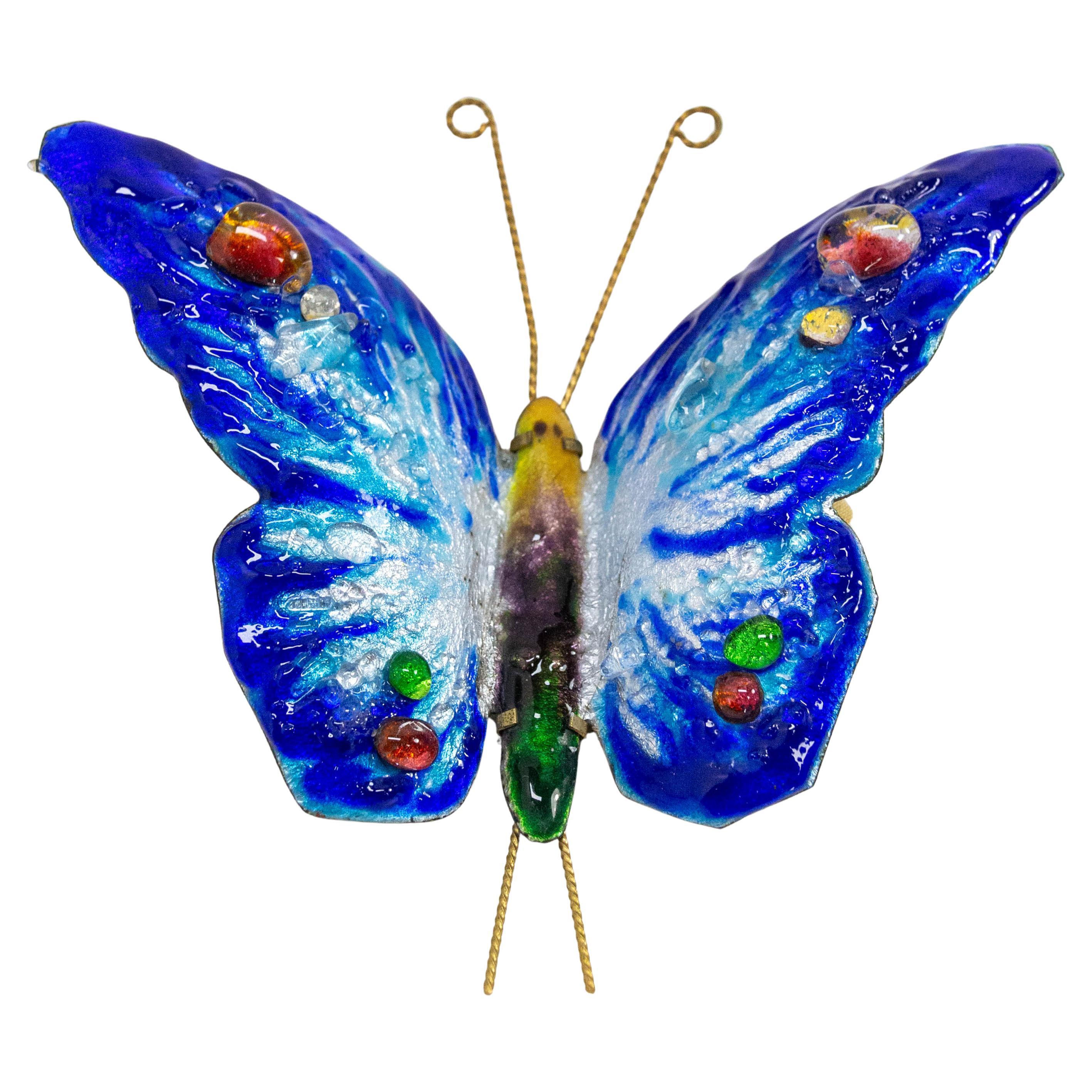 Französisch emailliert Kupfer blau Schmetterling Wanddekoration farbigen Glas Mitte des Jahrhunderts im Angebot