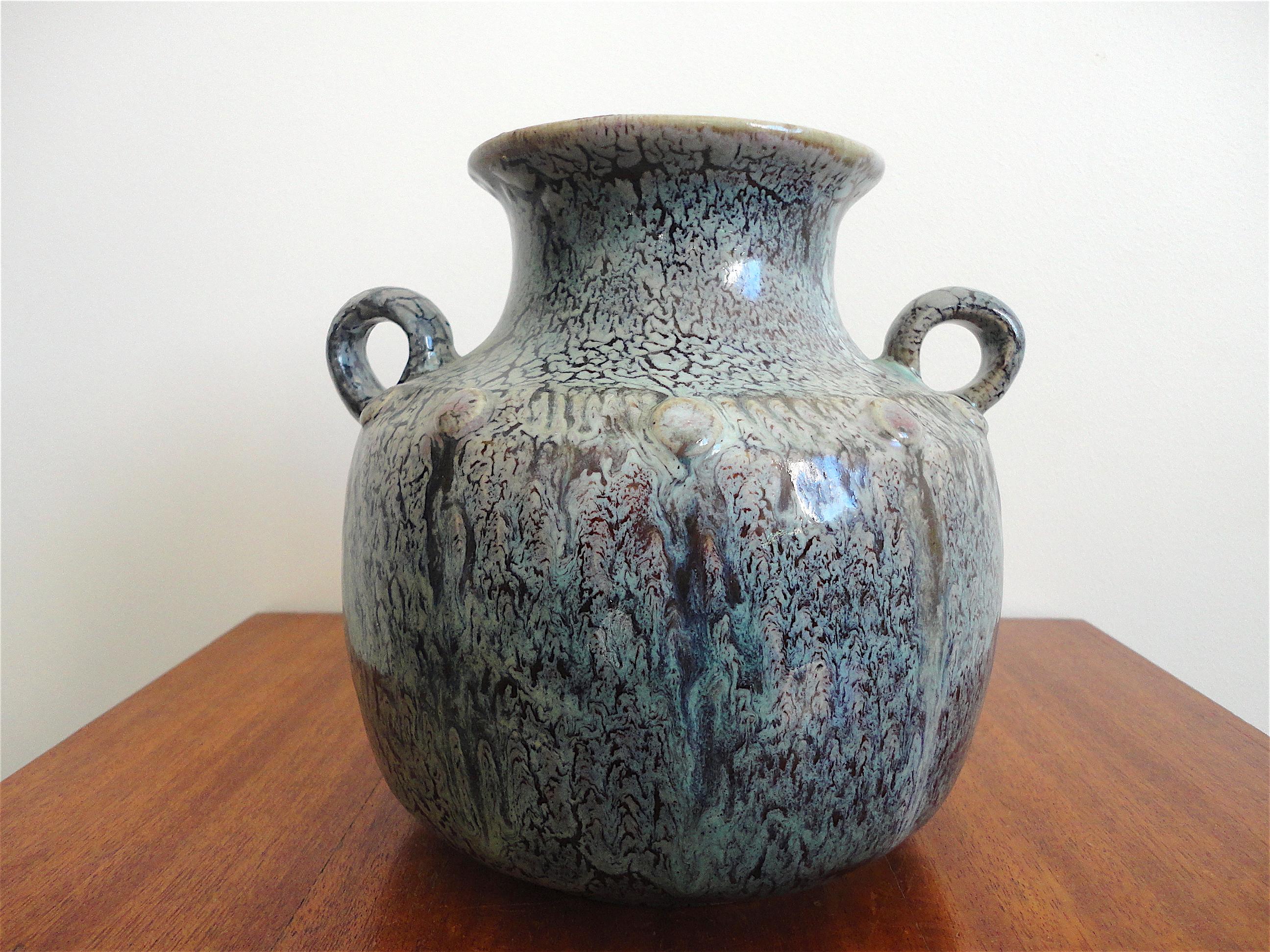 Mid-20th Century French Enameled Earthenware Vase, Puisaye, 1960s For Sale
