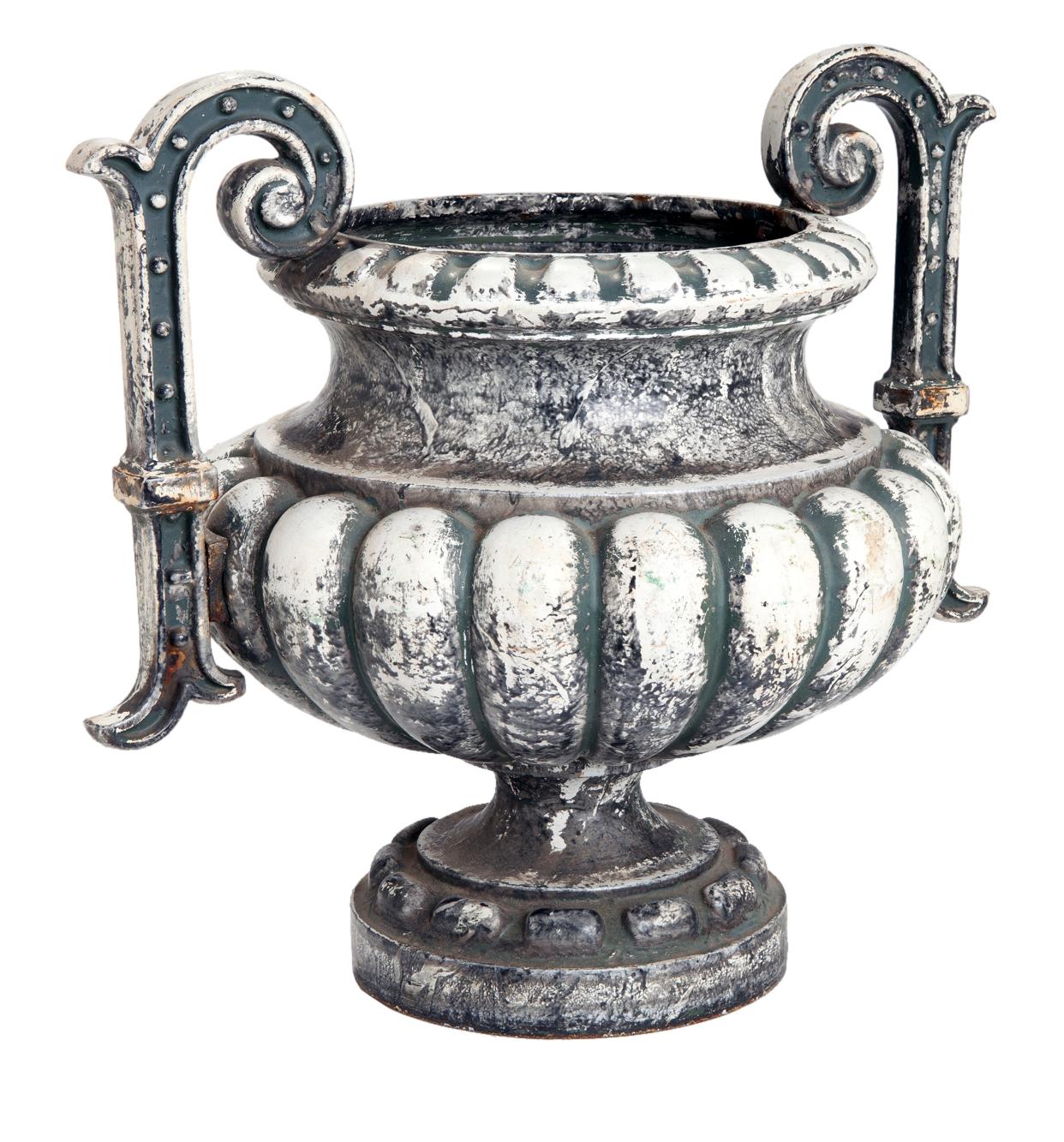 Antique French garden urn, early 1800's cast iron urn with an enameled finish. 
Original patined, imported from Paris by an American collector.