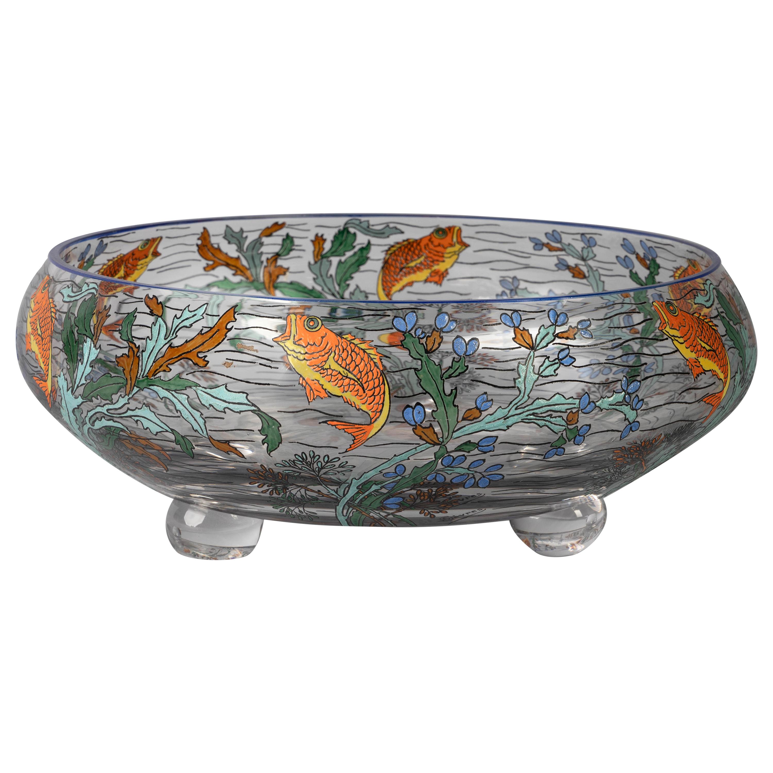 French Enameled Glass Footed Bowl, Sevres, circa 1930 For Sale