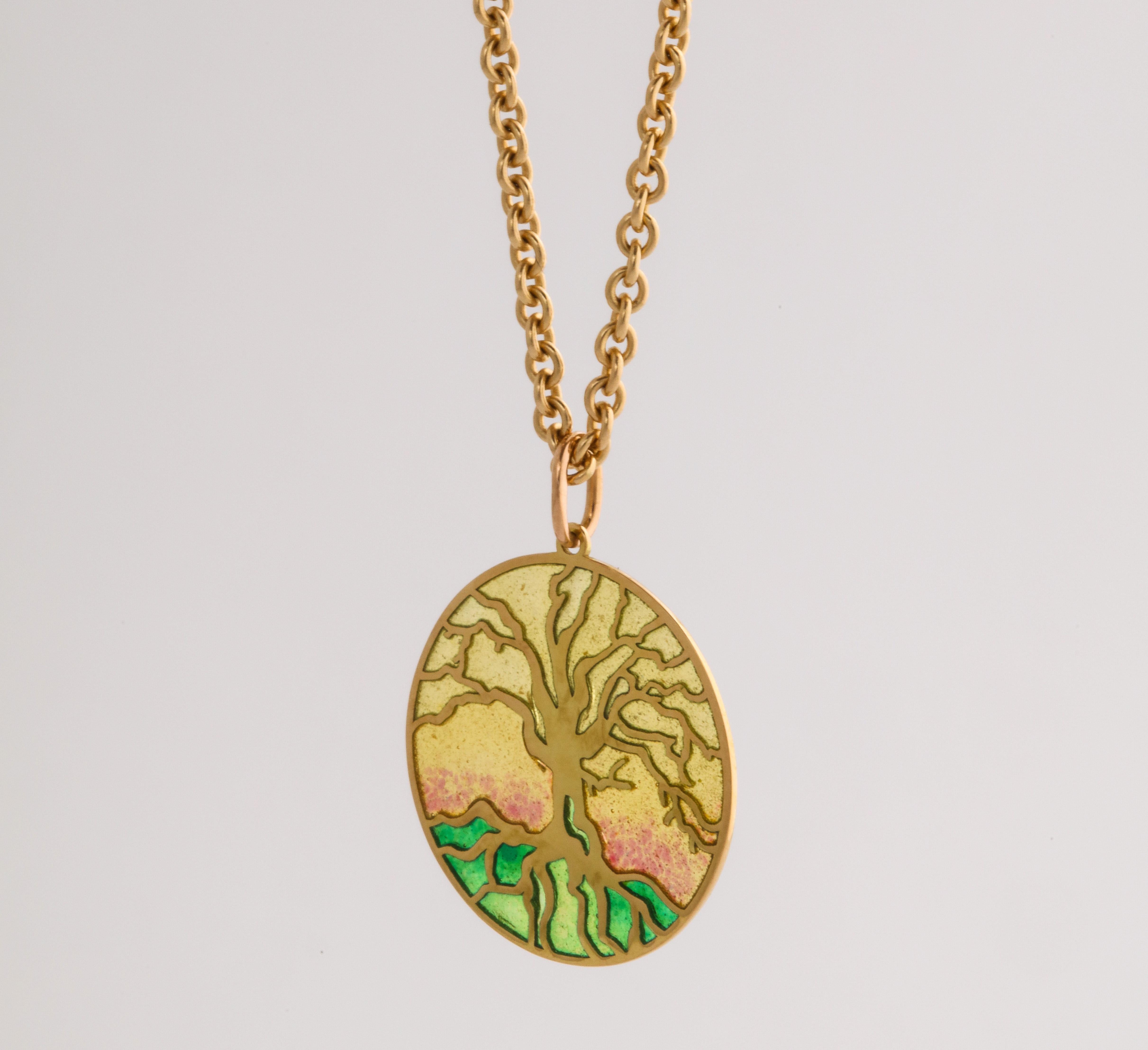 French Plique-a-jour Enameled 18k Gold Tree of Life Pendant, Paris 1