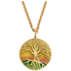 French Plique-a-jour Enameled 18k Gold Tree of Life Pendant, Paris