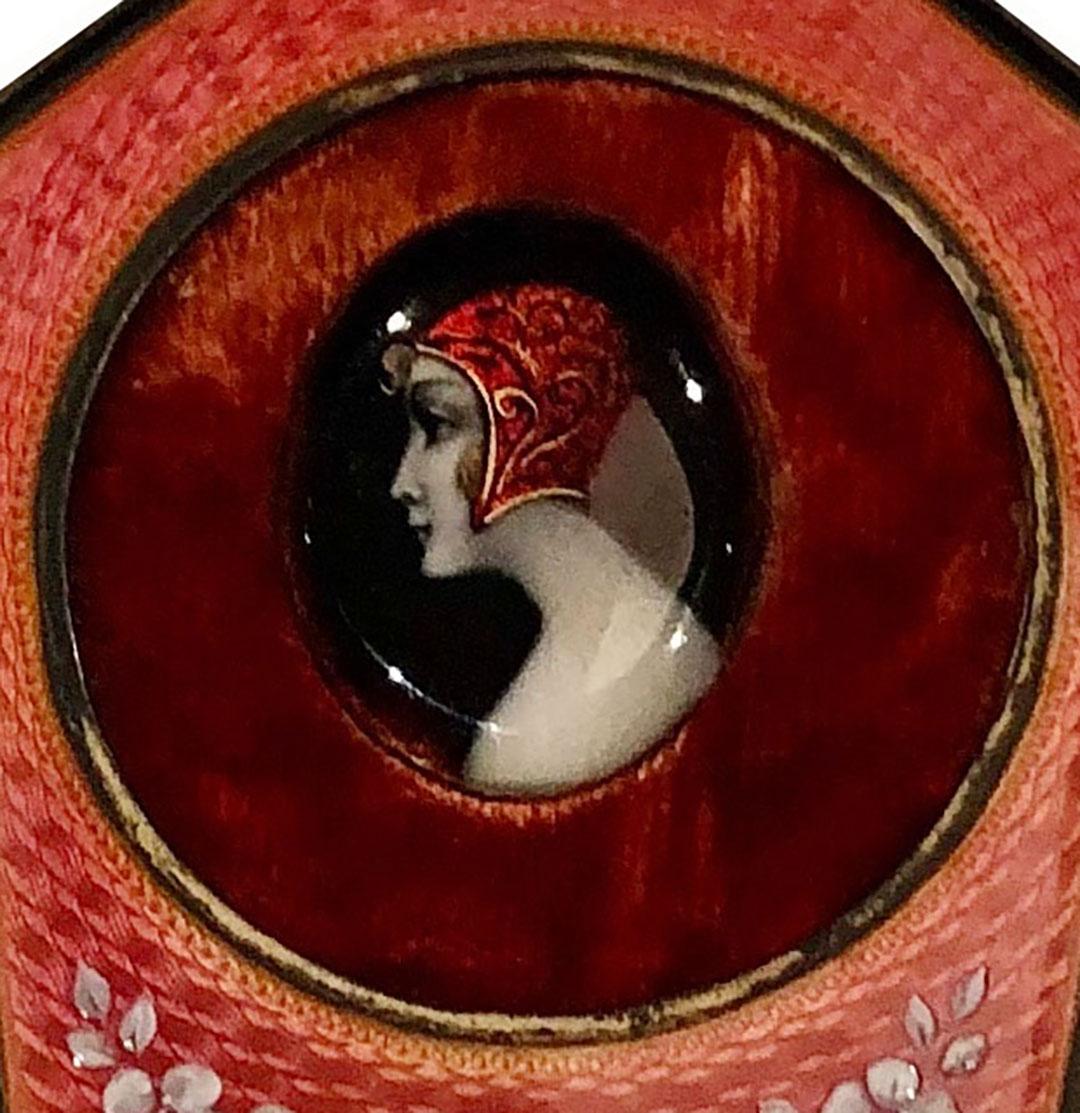 French Enameled Guilloche Portrait of a Lady in Red In Good Condition For Sale In Tampa, FL