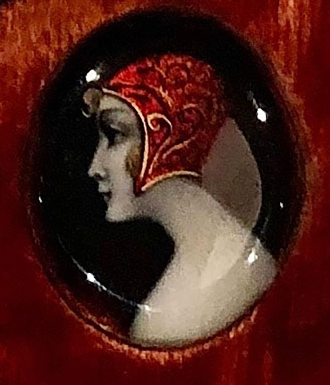 19th Century French Enameled Guilloche Portrait of a Lady in Red For Sale