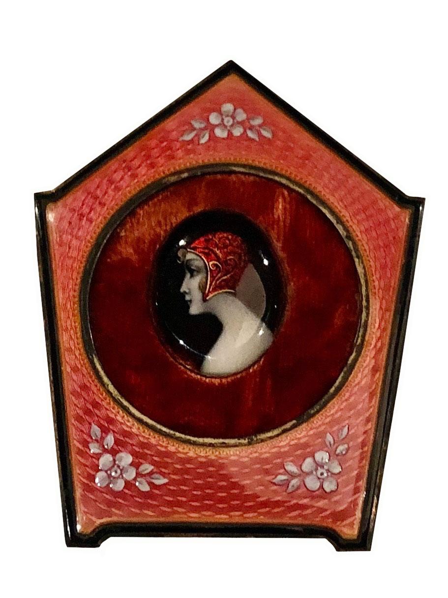Brass French Enameled Guilloche Portrait of a Lady in Red For Sale