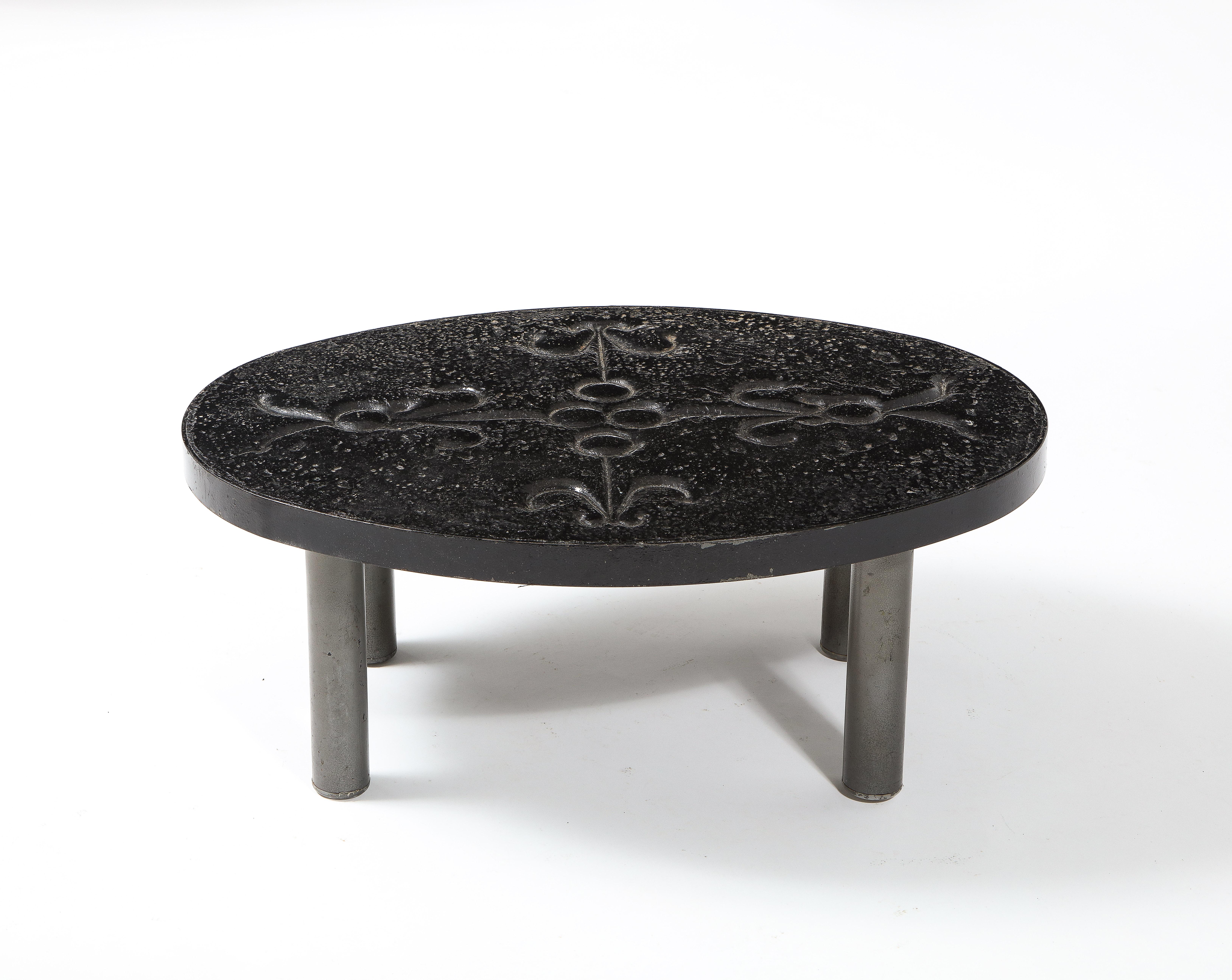 French Enameled Lava Stone Small Coffee Table in Vallauris Style, 1960's France.

Interesting scale, shape and motif. 

We have another in this style with the top in wood. 