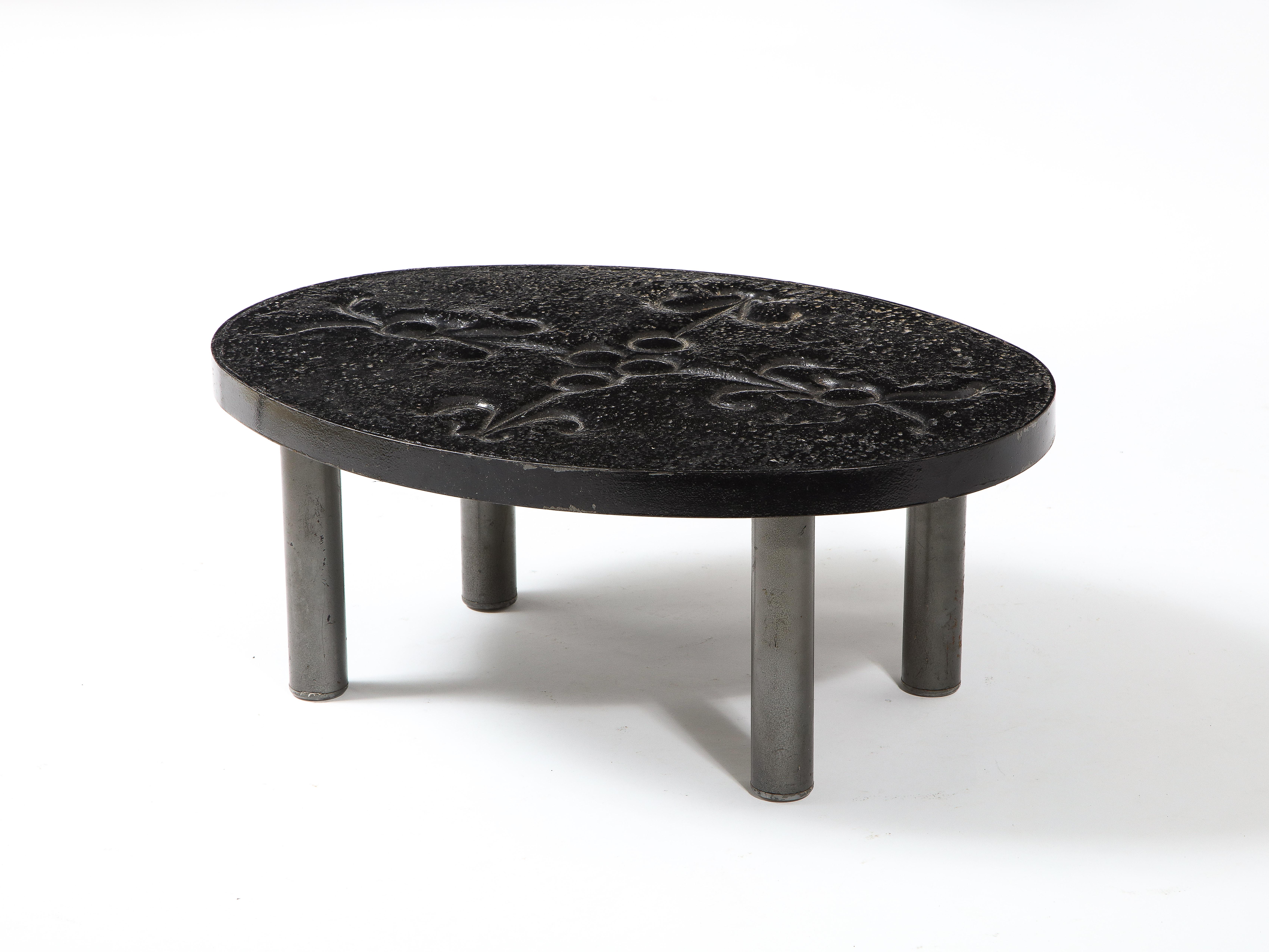French Enameled Lava Stone Small Coffee Table in Vallauris Style, France 1960's In Good Condition In New York, NY