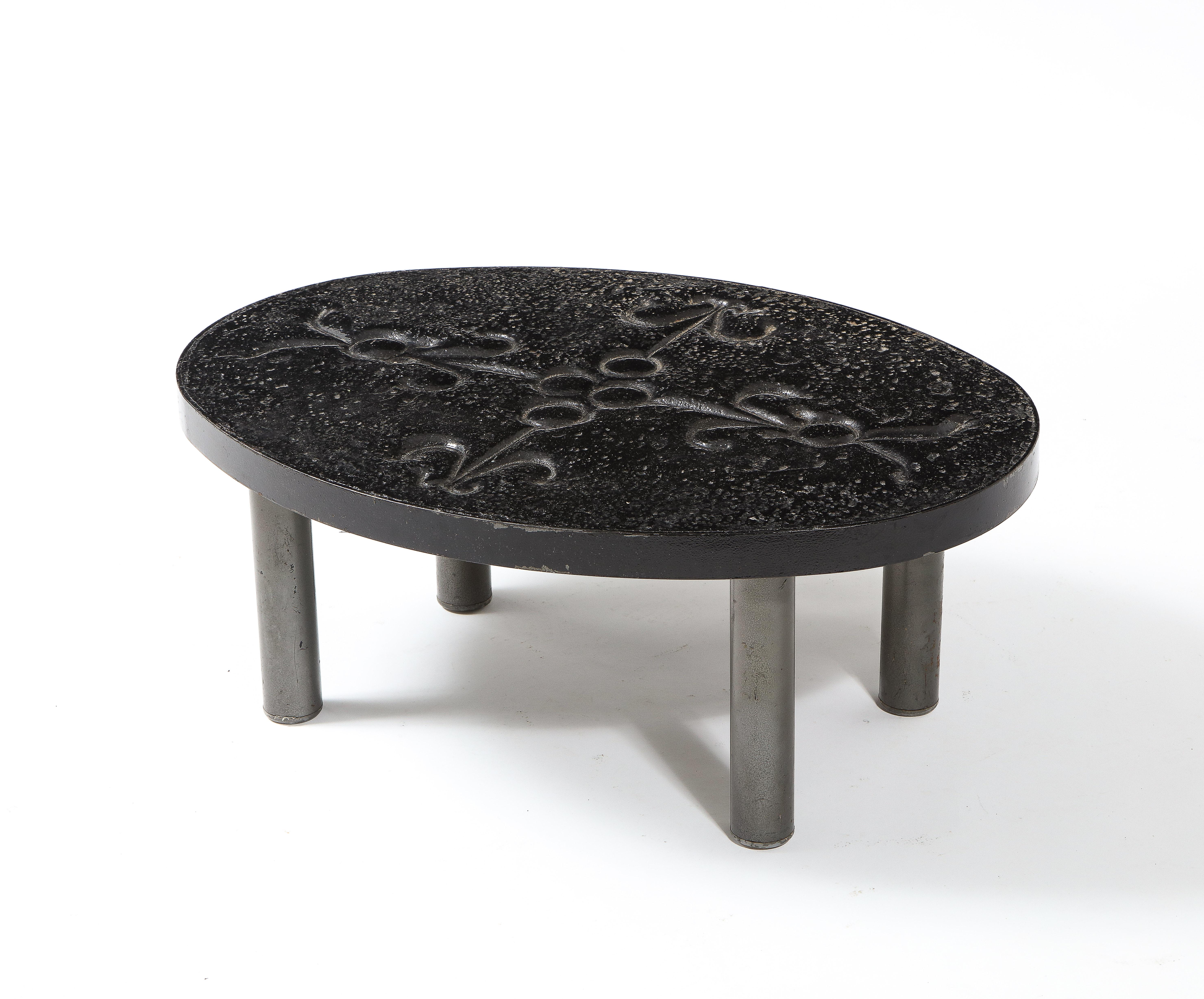 Mid-20th Century French Enameled Lava Stone Small Coffee Table in Vallauris Style, France 1960's